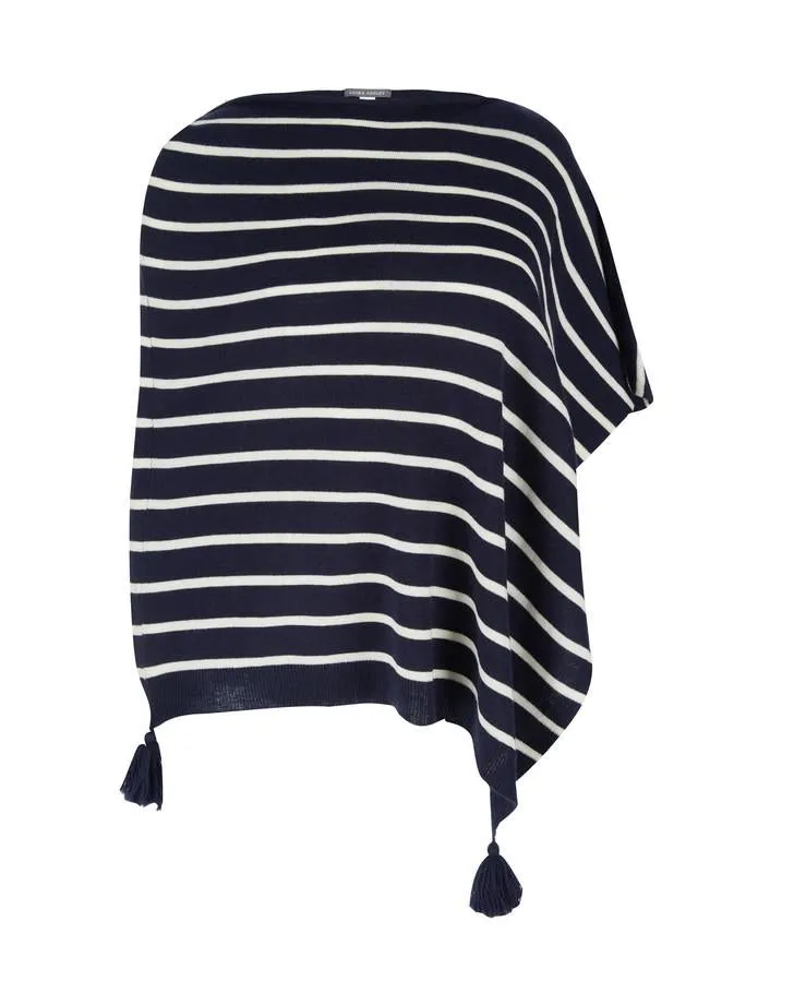 Navy and White Striped Tassel Poncho Scarf