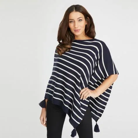 Navy and White Striped Tassel Poncho Scarf