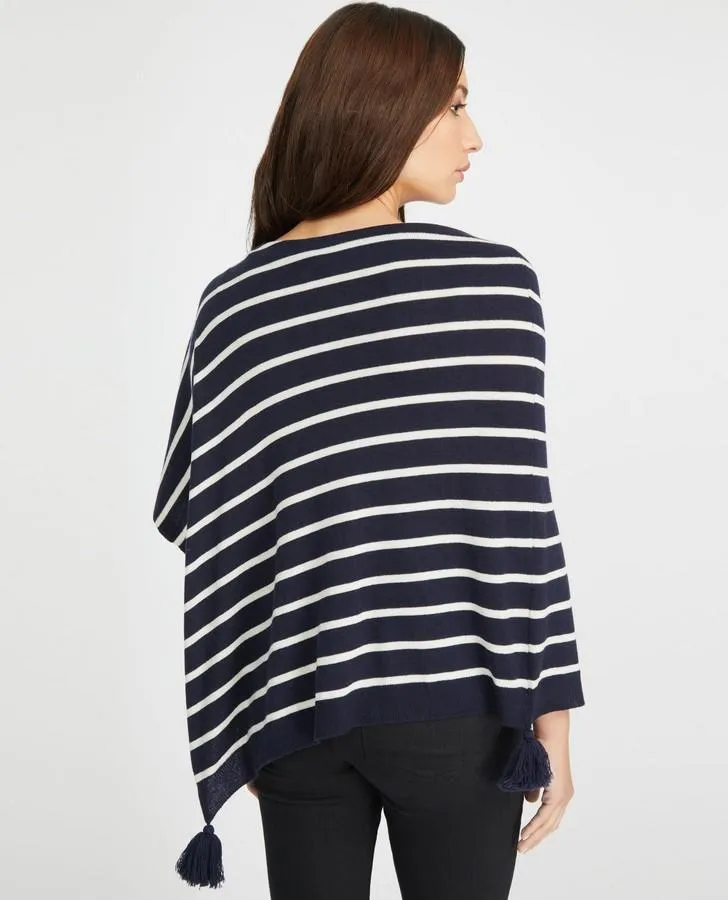 Navy and White Striped Tassel Poncho Scarf