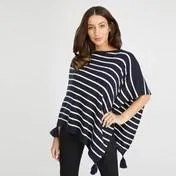 Navy and White Striped Tassel Poncho Scarf