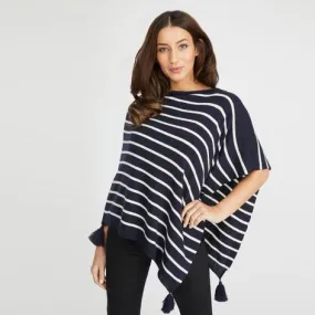 Navy and White Striped Tassel Poncho Scarf