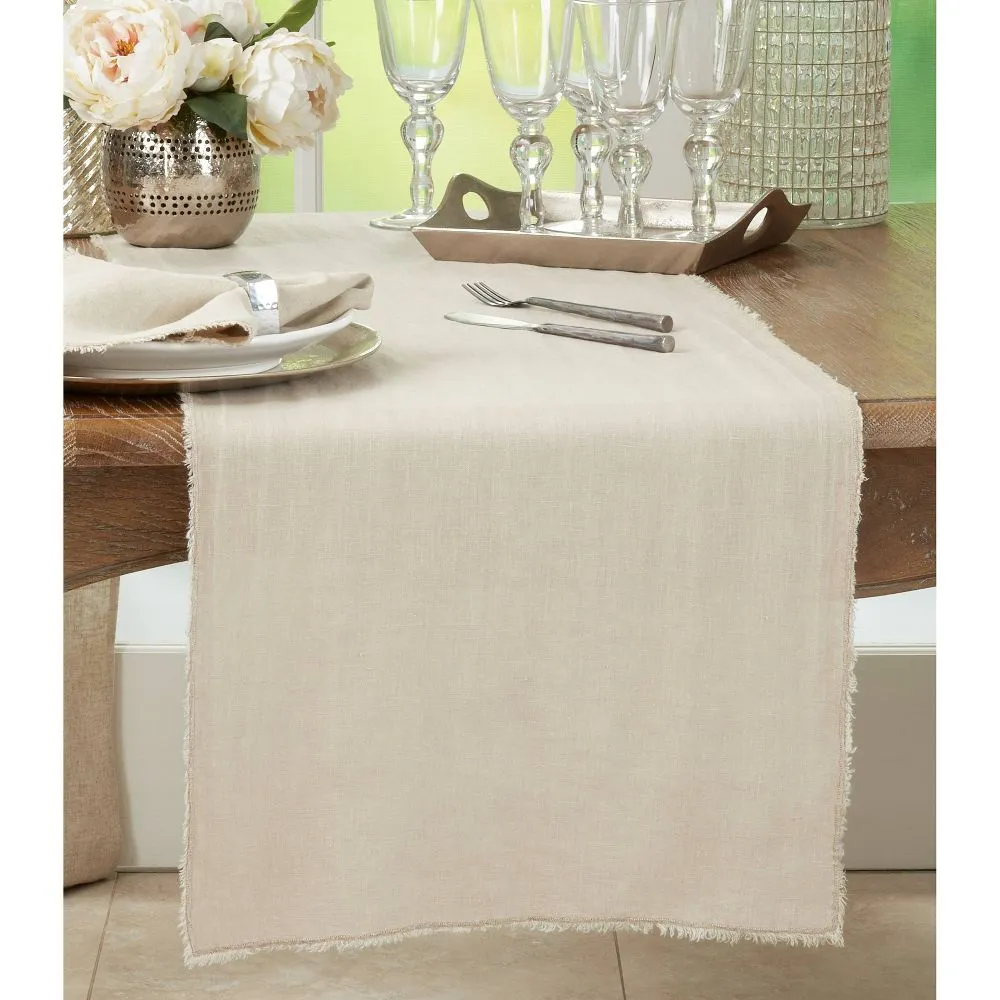 NEW - 16"x72" Fringed Design Stone Washed Table Runner Natural - Saro Lifestyle