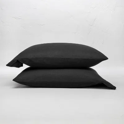 New - Standard 100% Washed Linen Solid Pillowcase Set Washed Black - Casaluna