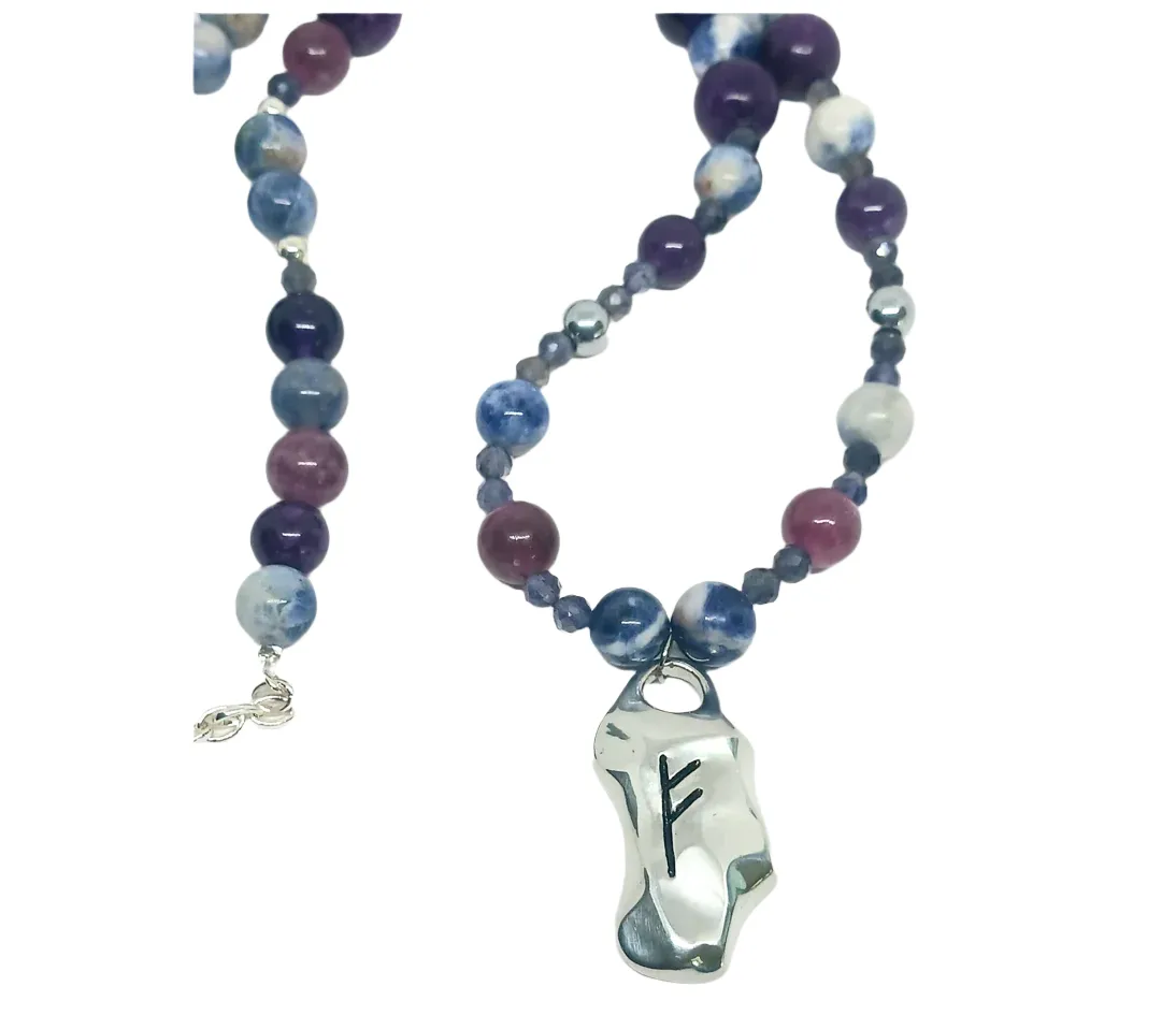 Norse Elder Futhark Fehu Pendant Necklace with Sodalite and Iolite Crystal