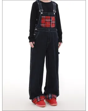 Plaid Stitched Rolled-Up Overall