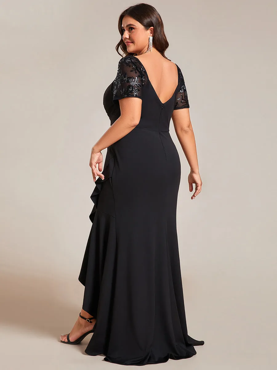 Plus Appliques High Split Fishtail Evening Dress With Short Sleeves