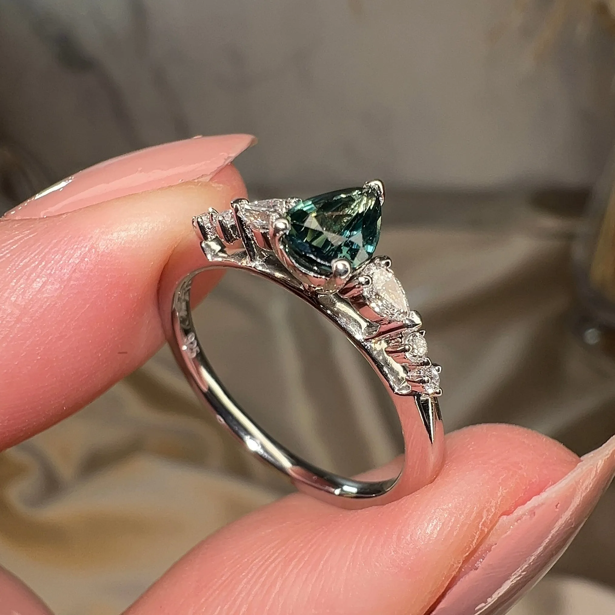 "Alena" White Gold Natural 0.40 Carat Teal Sapphire Engagement Ring