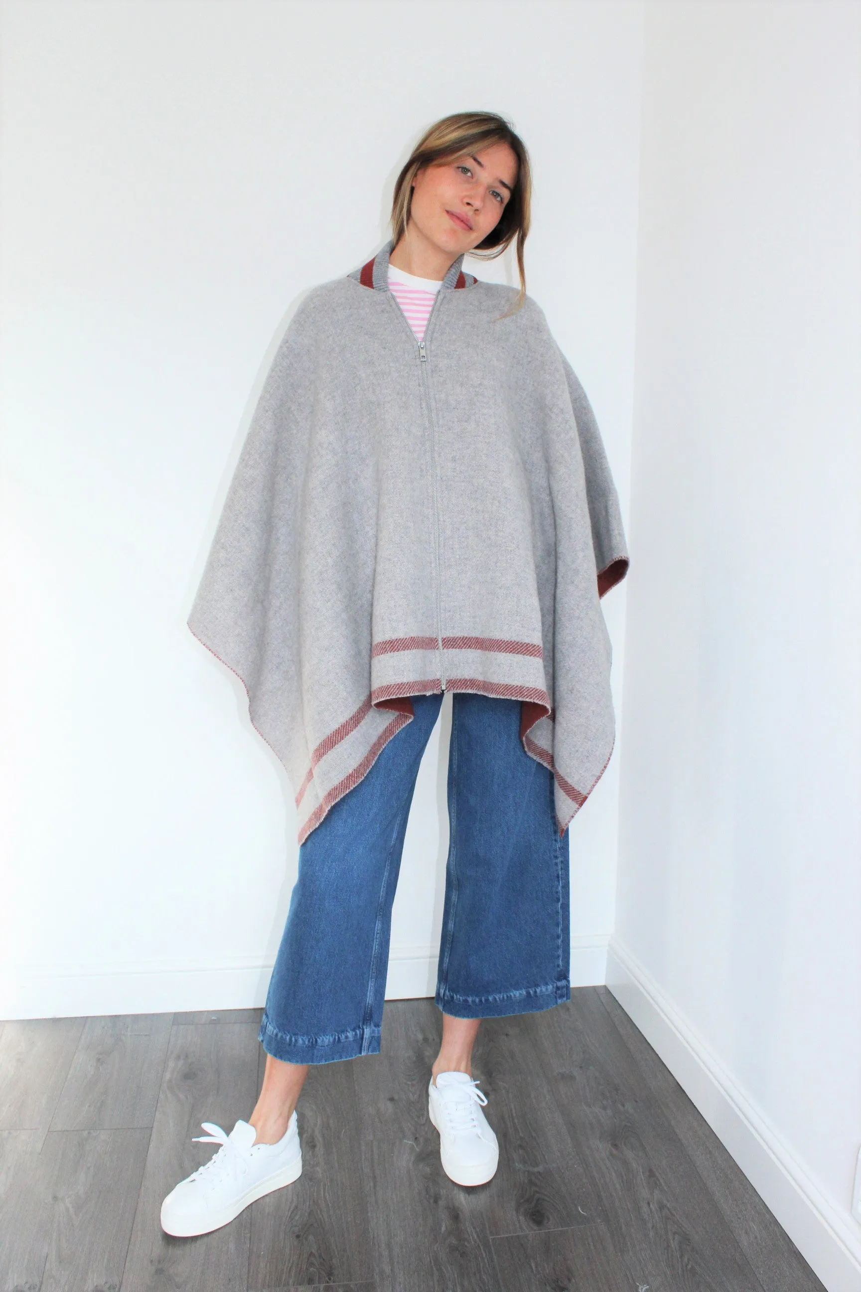 R&B Varsity Zip Poncho in Grey