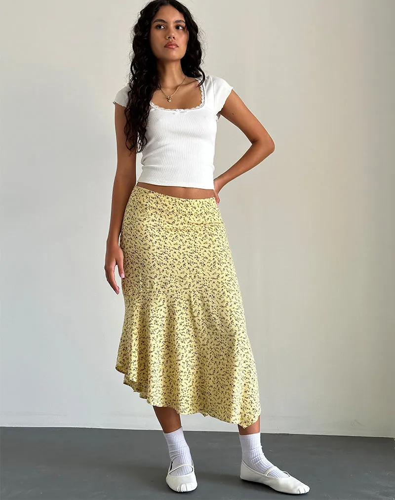 Rans Waterfall Hem Midi Skirt in Flowing Flower Yellow