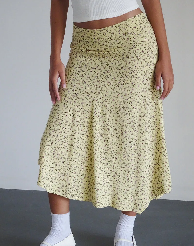 Rans Waterfall Hem Midi Skirt in Flowing Flower Yellow