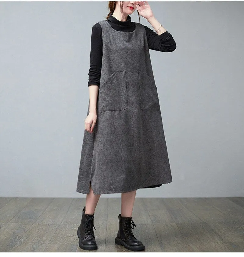 Retro Corduroy Overall Dress