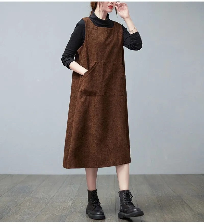 Retro Corduroy Overall Dress