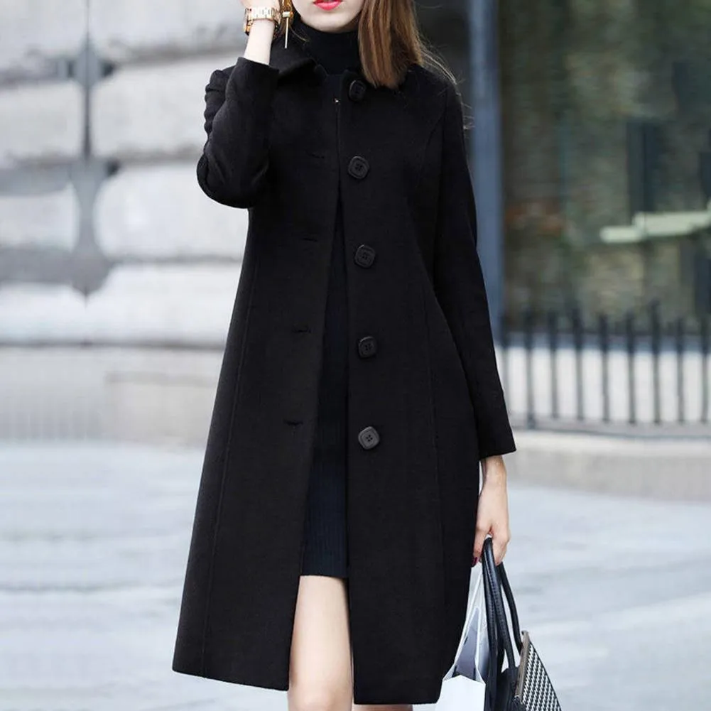 S-4XL Autumn Women Coat Mid-Length Single-Breasted Solid Color Turn-down Collar Elegant Soft Plus Size Warm Winter Jacket