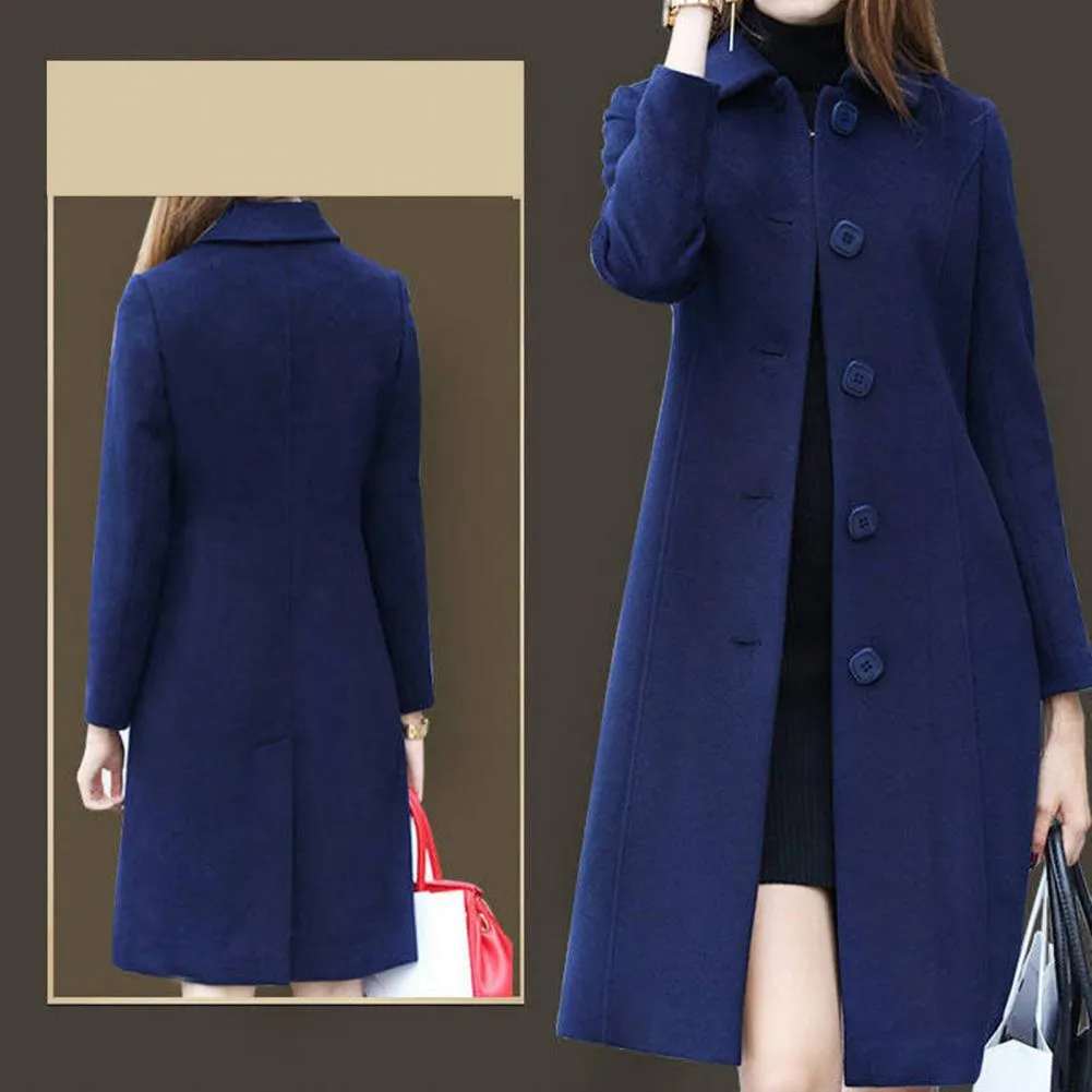 S-4XL Autumn Women Coat Mid-Length Single-Breasted Solid Color Turn-down Collar Elegant Soft Plus Size Warm Winter Jacket