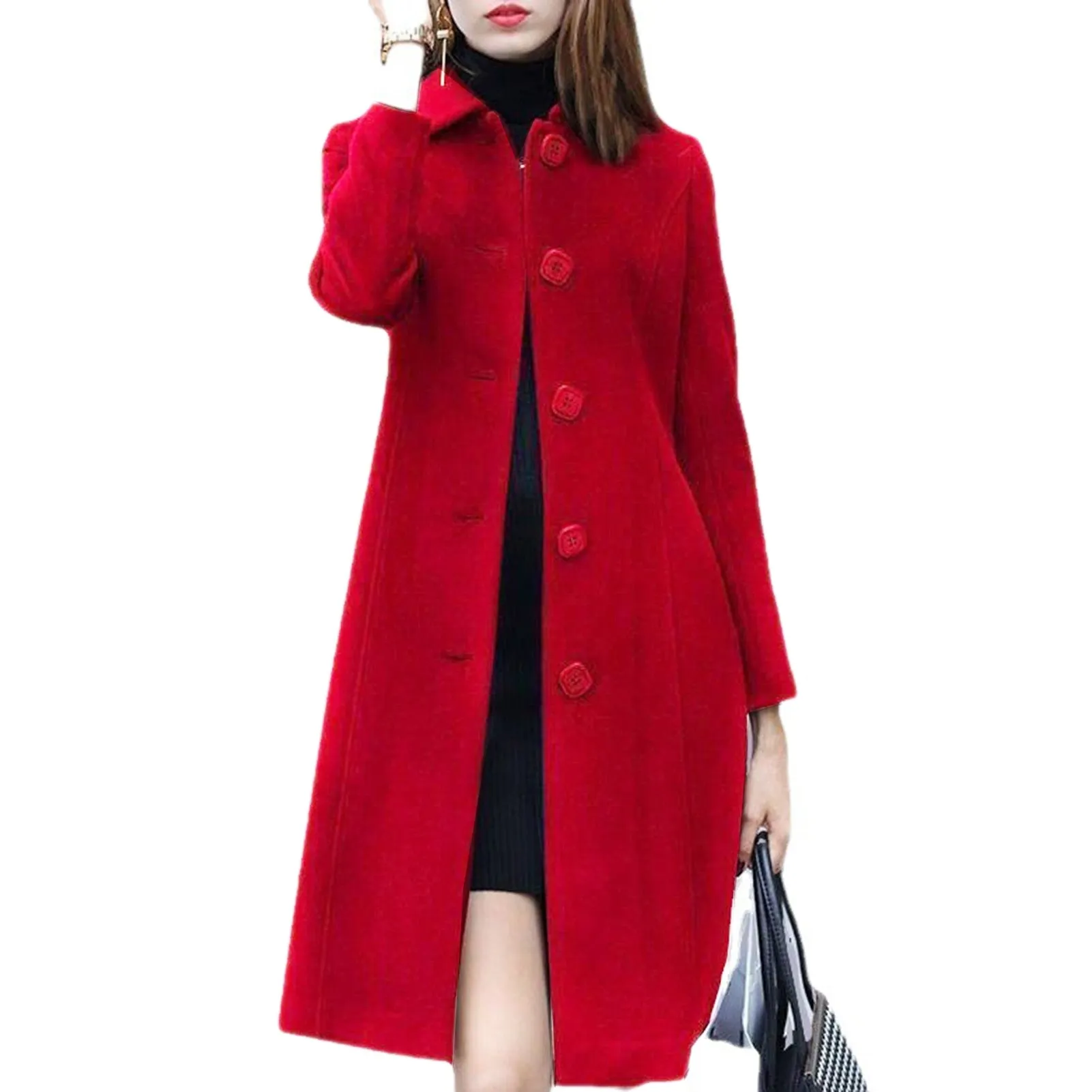 S-4XL Autumn Women Coat Mid-Length Single-Breasted Solid Color Turn-down Collar Elegant Soft Plus Size Warm Winter Jacket