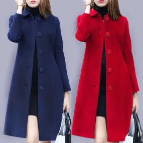 S-4XL Autumn Women Coat Mid-Length Single-Breasted Solid Color Turn-down Collar Elegant Soft Plus Size Warm Winter Jacket