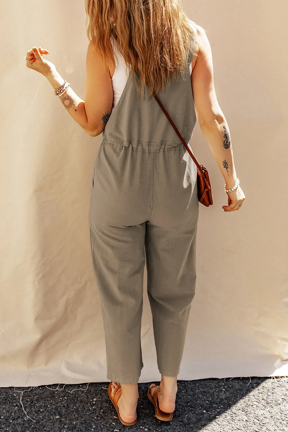 Sage Drawstring Buttoned Strap Cropped Overall