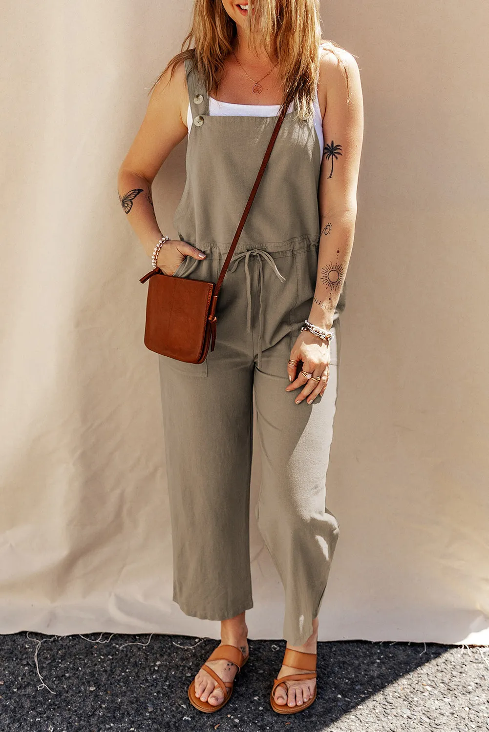 Sage Drawstring Buttoned Strap Cropped Overall