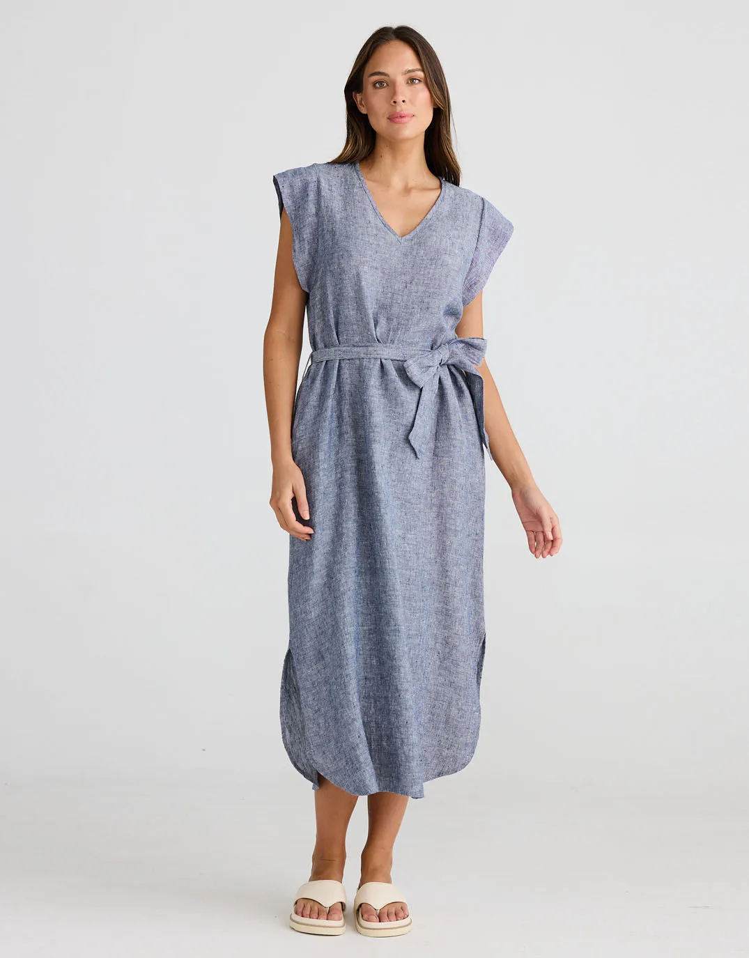 Sebou Linen Midi Dress - Navy Fleck