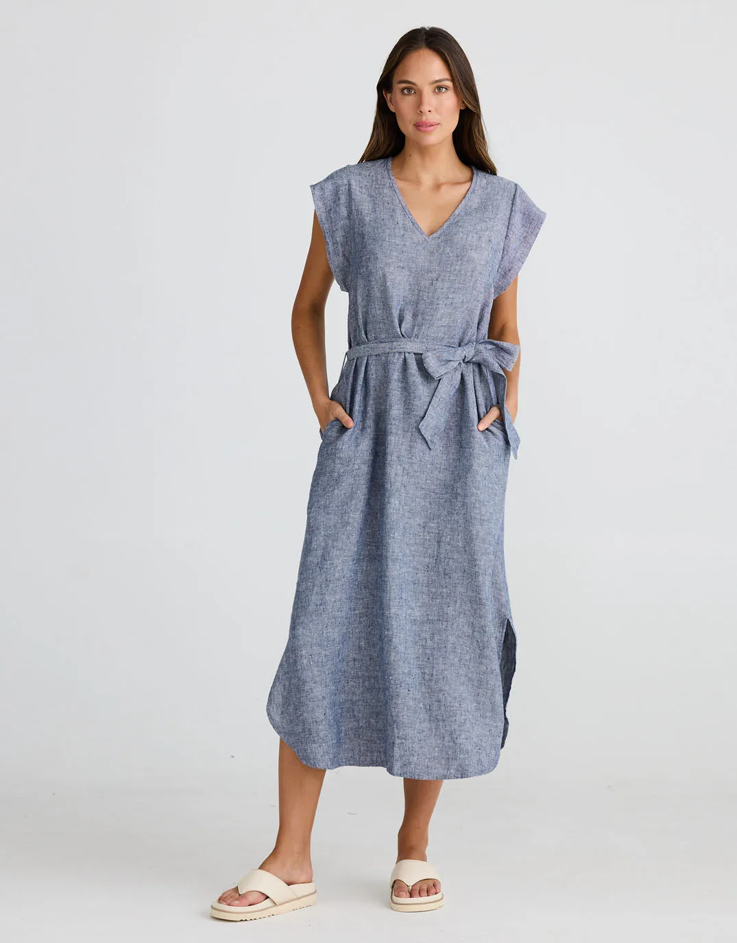 Sebou Linen Midi Dress - Navy Fleck