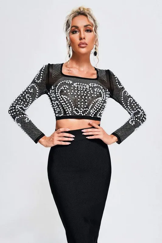 Sexy Mesh Beaded Two Piece Midi Skirt Set