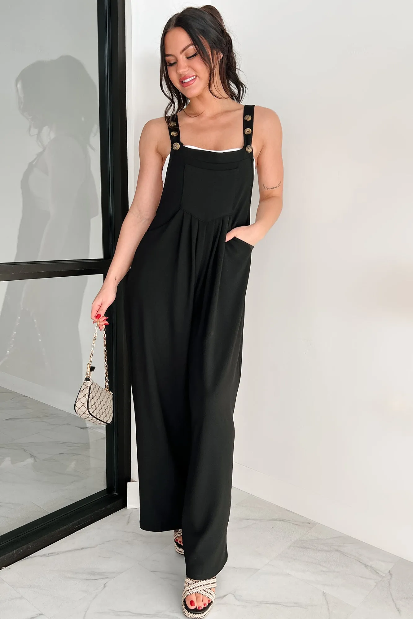 Sleek & Subtle Pleated Overall Jumpsuit (Black)