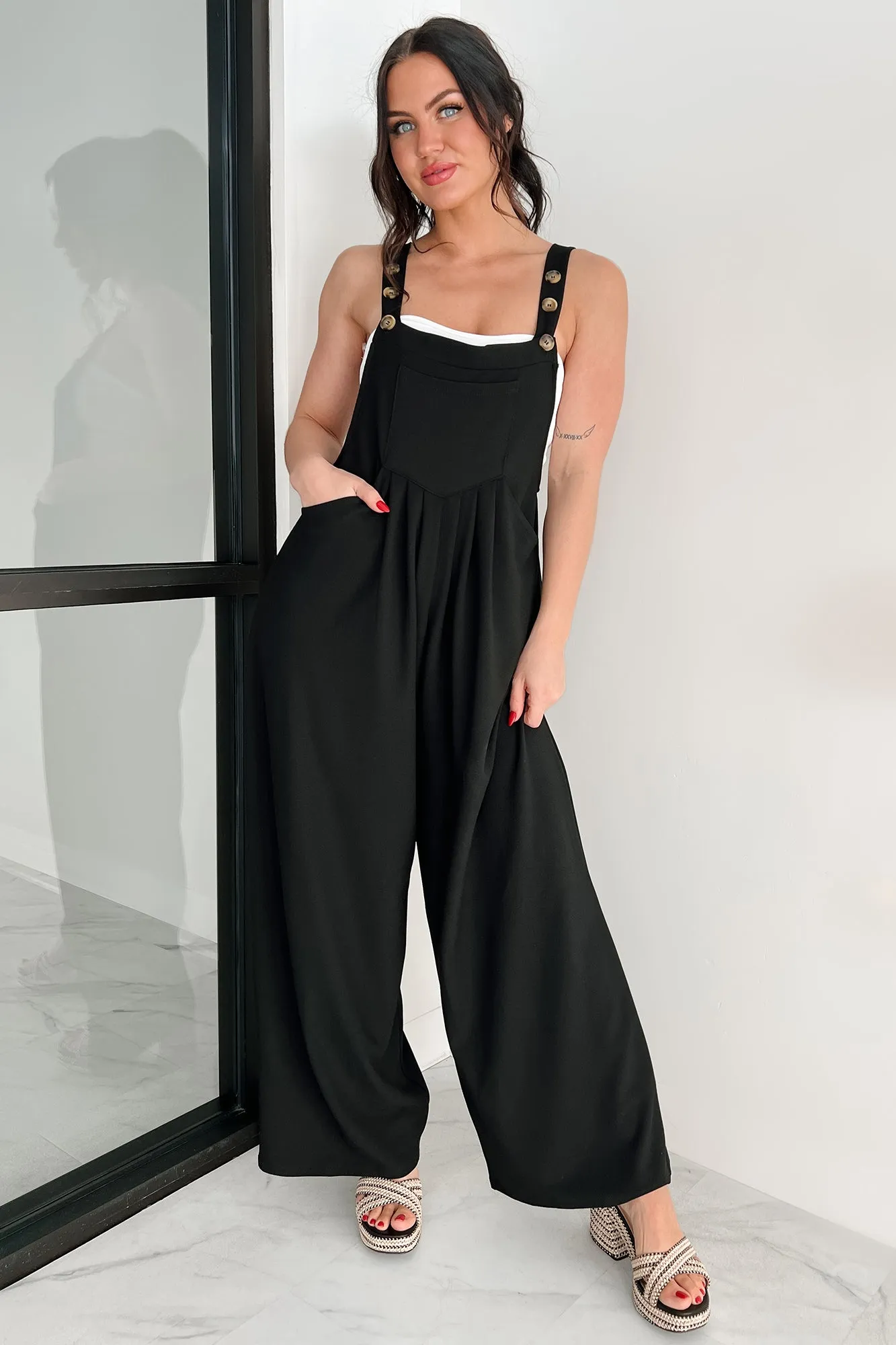 Sleek & Subtle Pleated Overall Jumpsuit (Black)