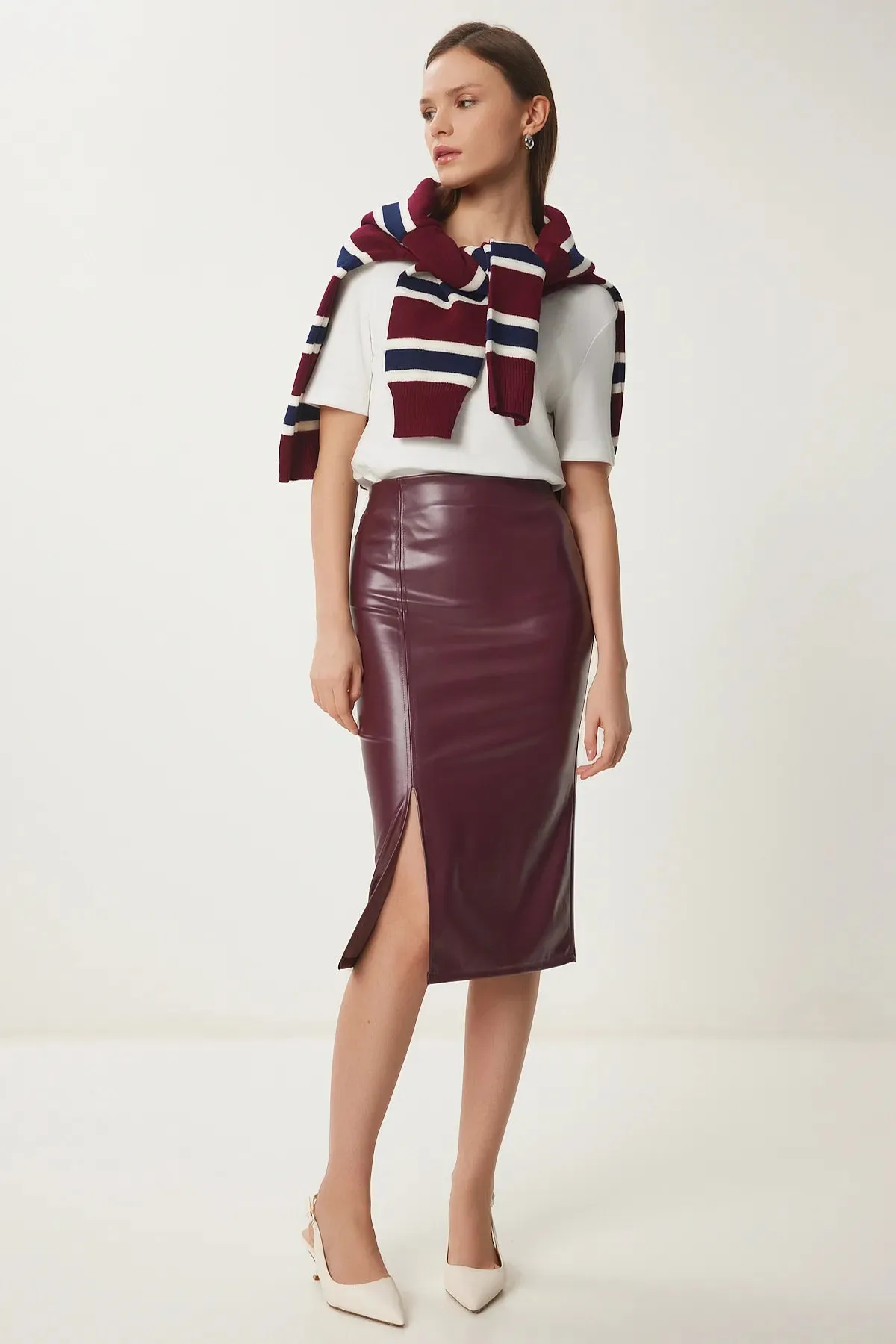 Slit Faux Leather Pencil Skirt Claret red