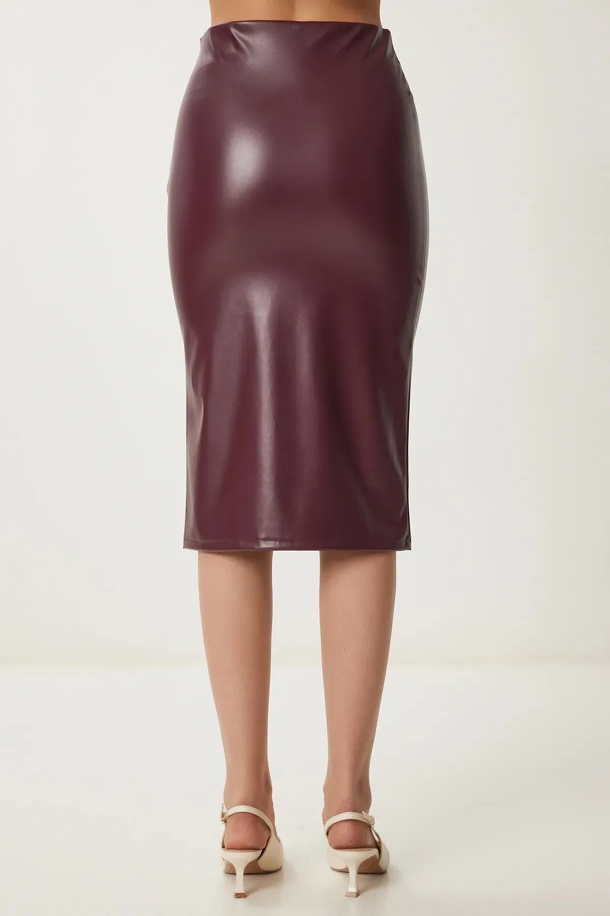 Slit Faux Leather Pencil Skirt Claret red