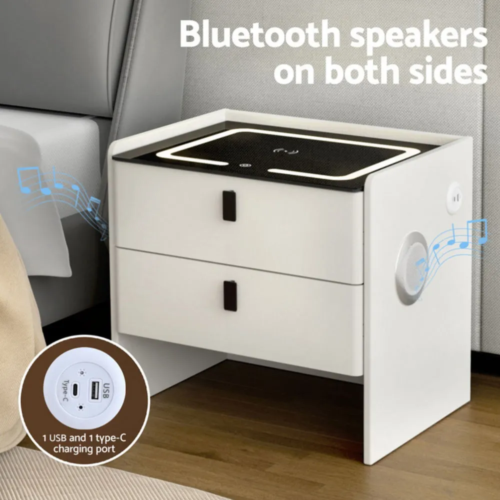 Smart Bedside Table with Wireless Charging, LED Lights, and Bluetooth Speakers - White