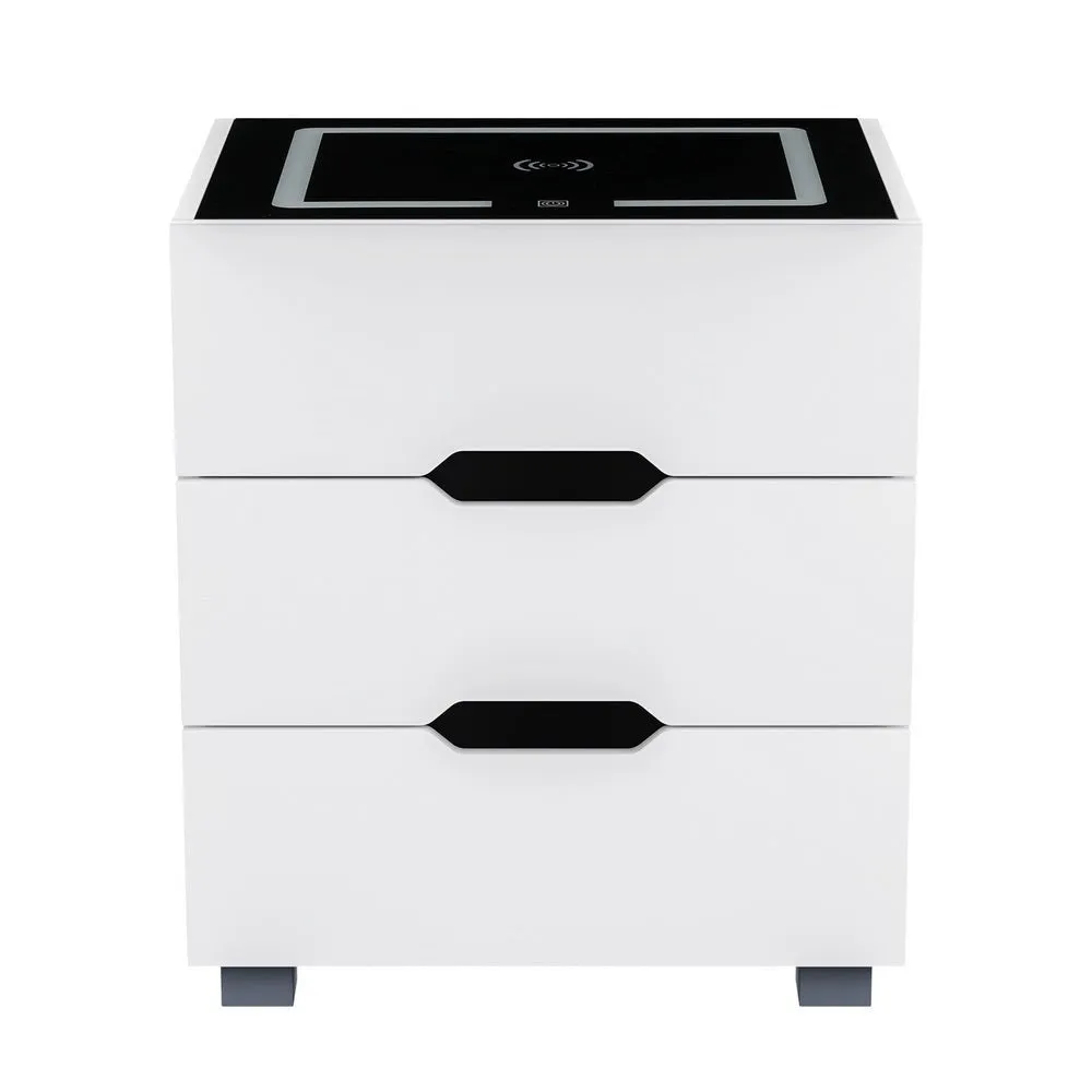 Smart LED 3 Drawer Bedside Table with Wireless Charging White