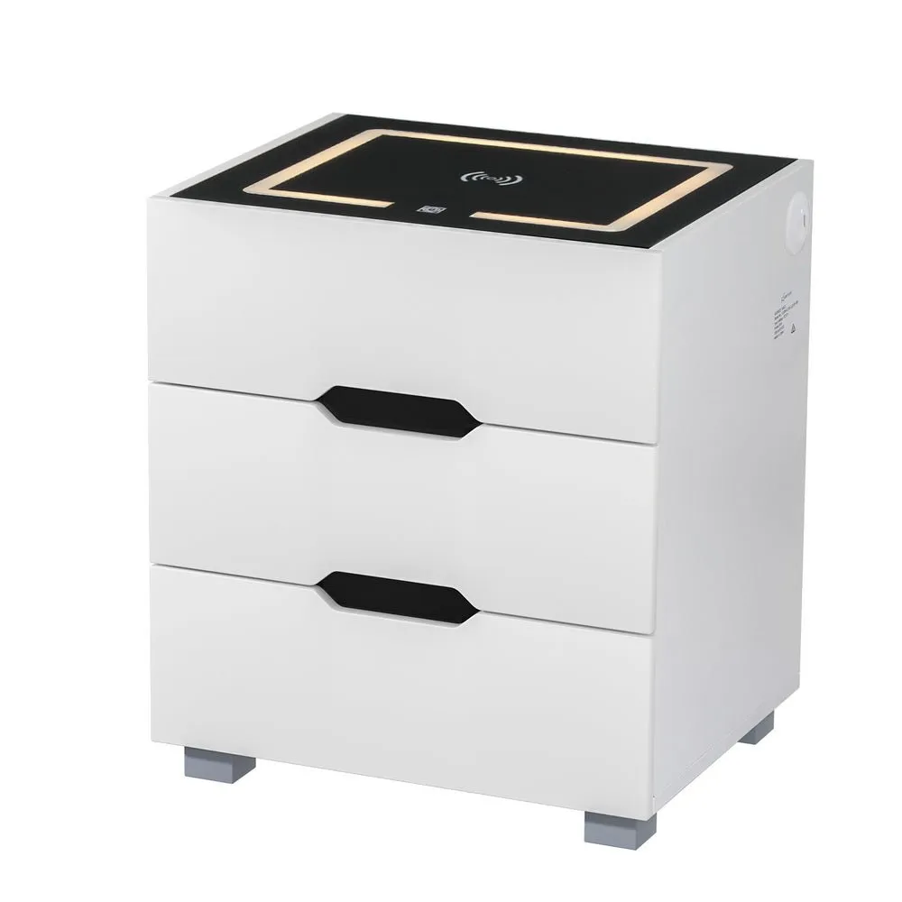 Smart LED 3 Drawer Bedside Table with Wireless Charging White