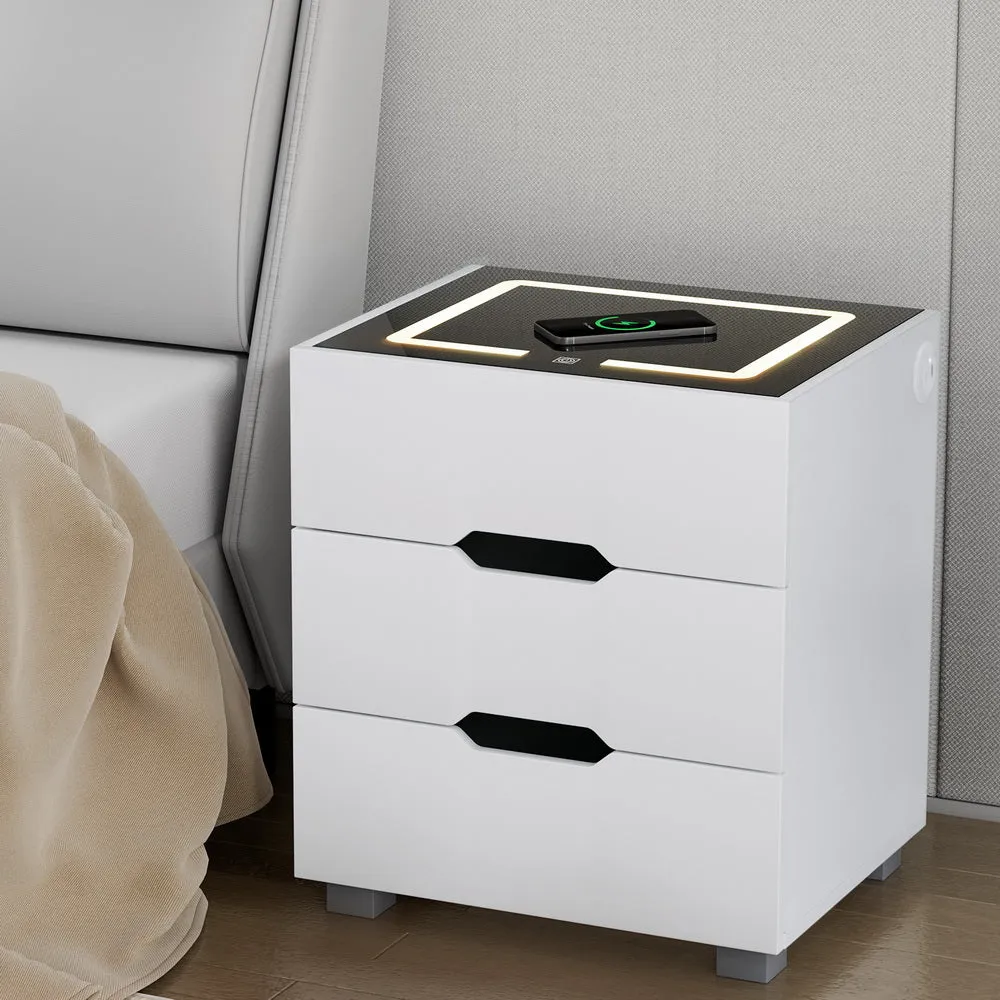 Smart LED 3 Drawer Bedside Table with Wireless Charging White