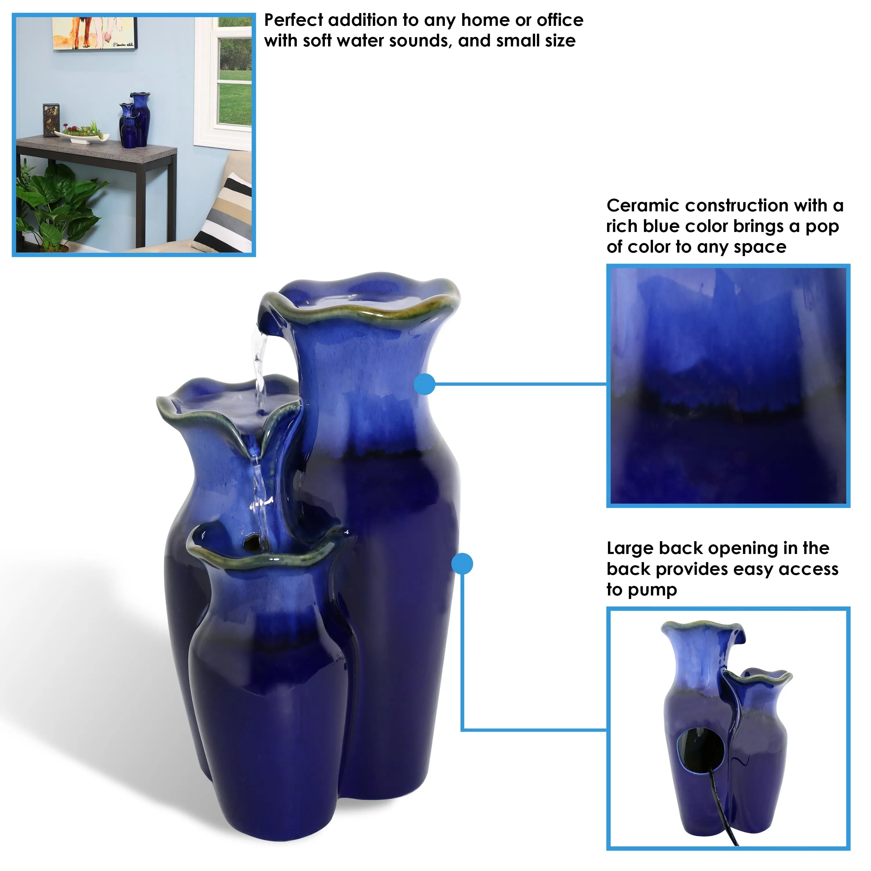 Sunnydaze Blue Glazed Pitchers Ceramic Tabletop Fountain - 11"