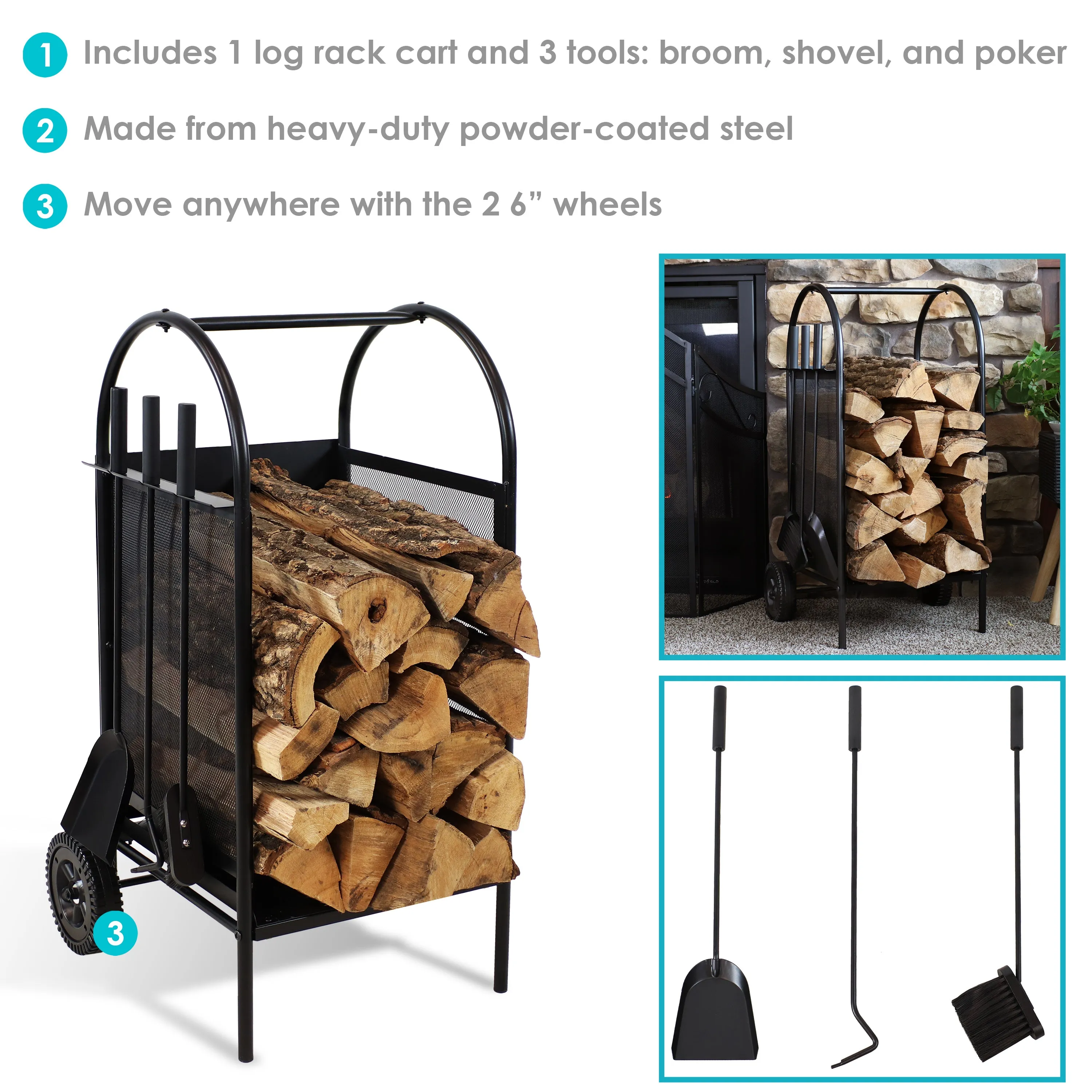 Sunnydaze Firewood Rack on Wheels with Fireplace Tool Set