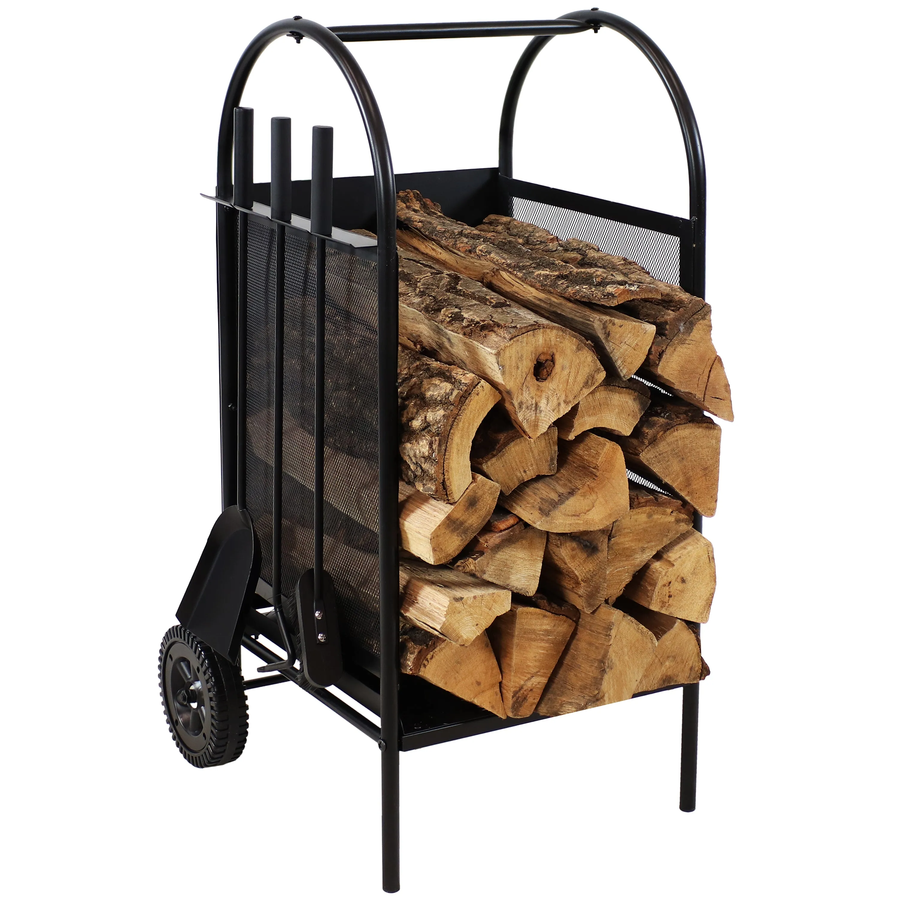 Sunnydaze Firewood Rack on Wheels with Fireplace Tool Set