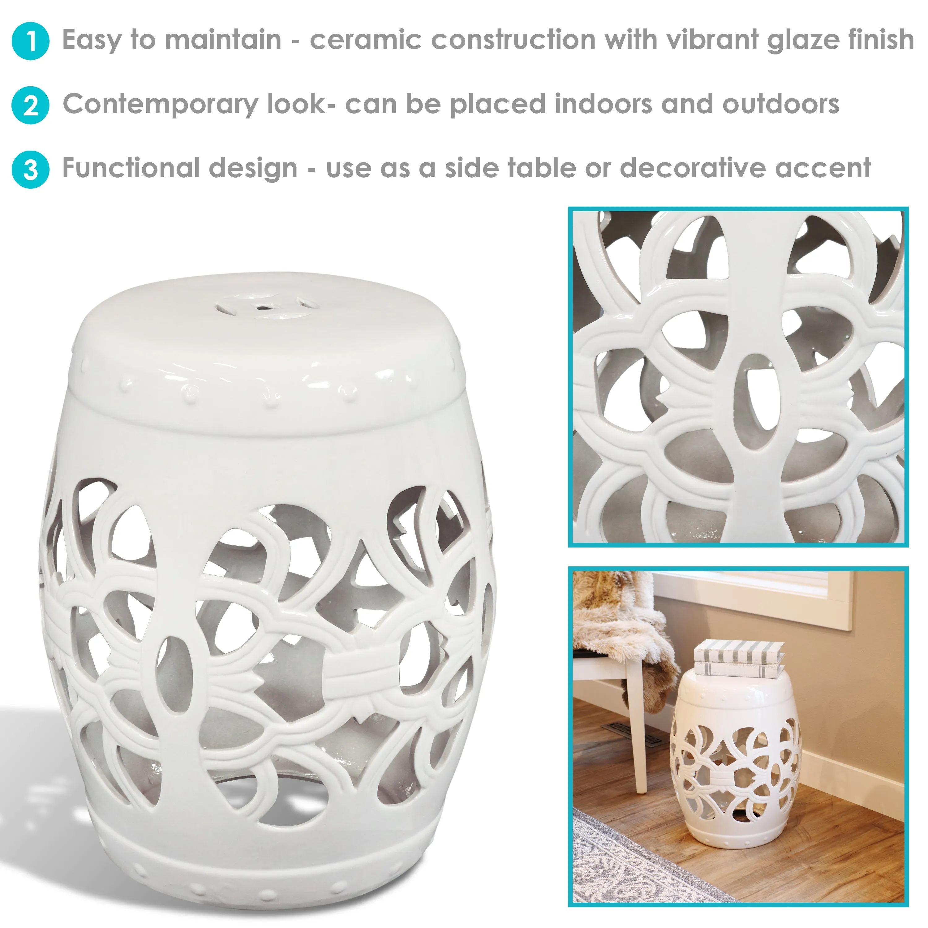 Sunnydaze Knotted Quatrefoil Ceramic Garden Stool Side Table - 18" - White