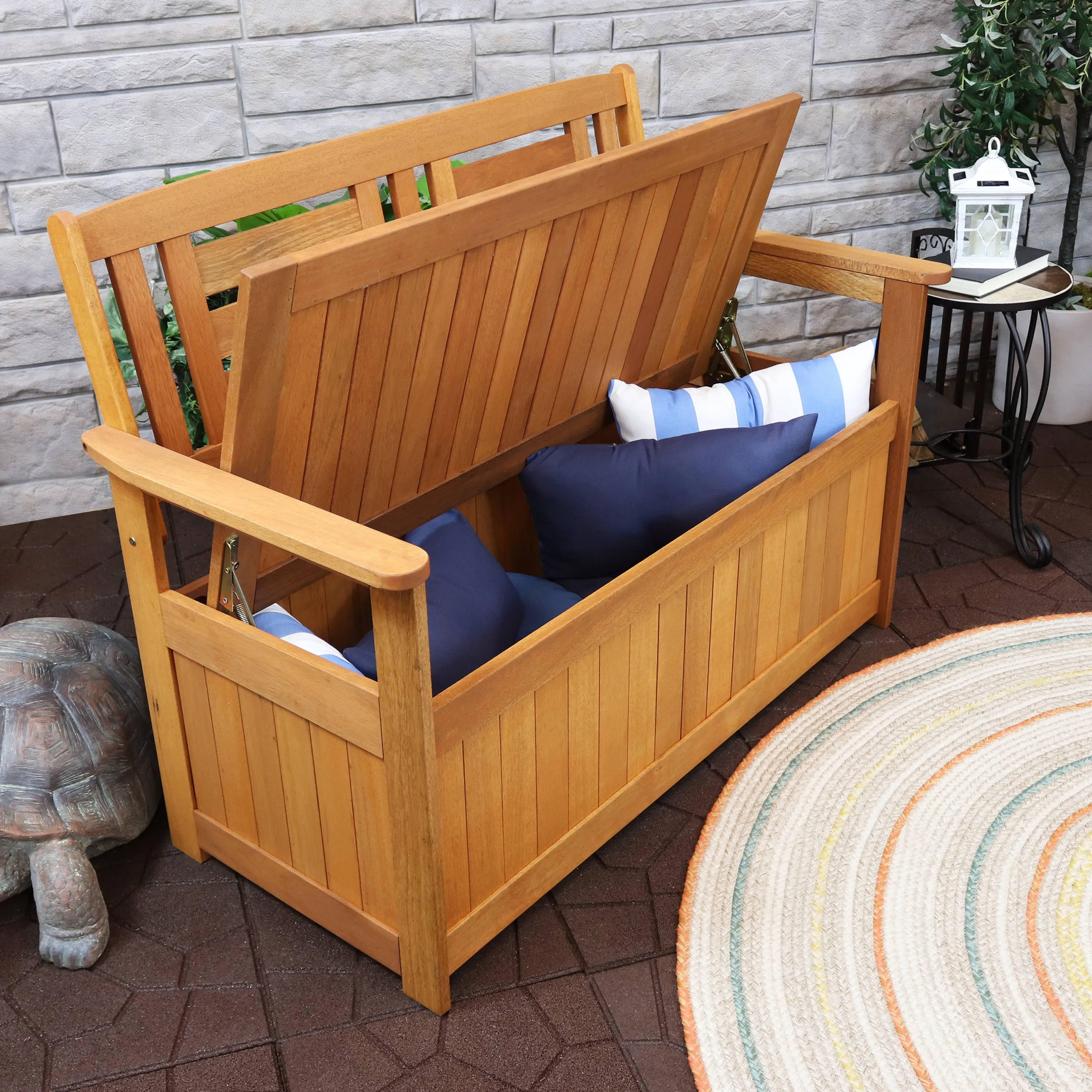 Sunnydaze Meranti Wood Outdoor Storage Bench with Teak Oil Finish - 47"