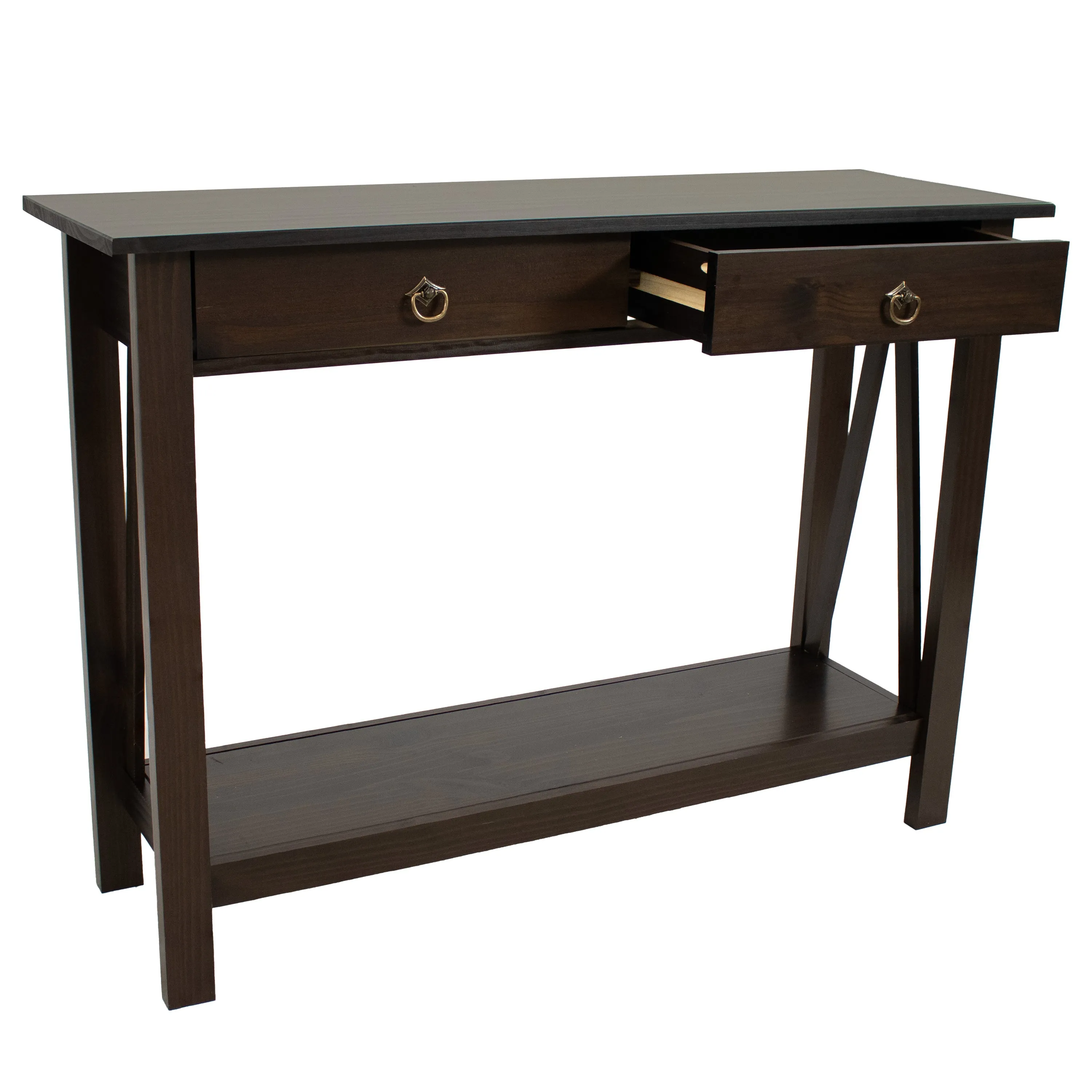 Sunnydaze Pine Wood Console Table with Drawers and Shelf - Dark Brown