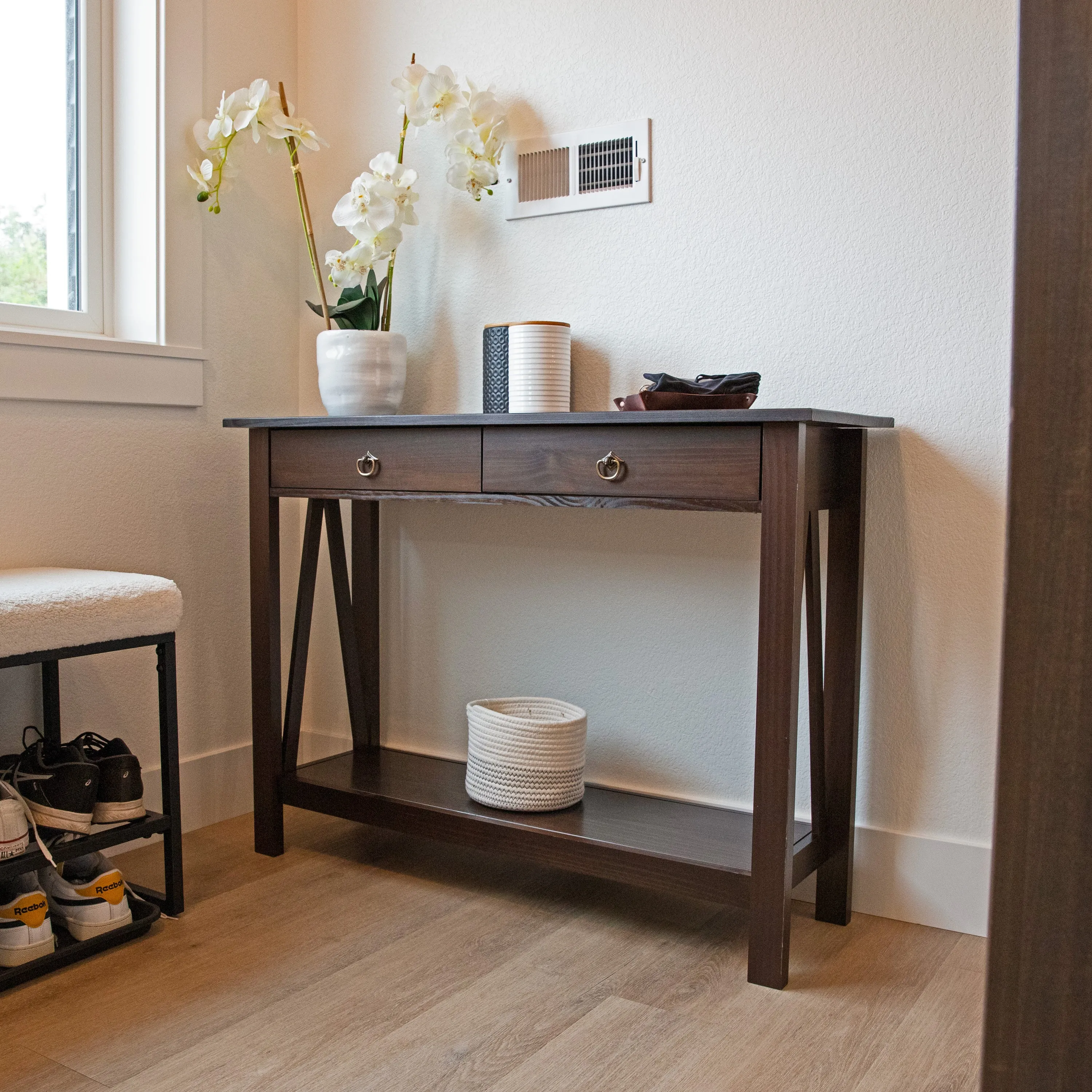 Sunnydaze Pine Wood Console Table with Drawers and Shelf - Dark Brown