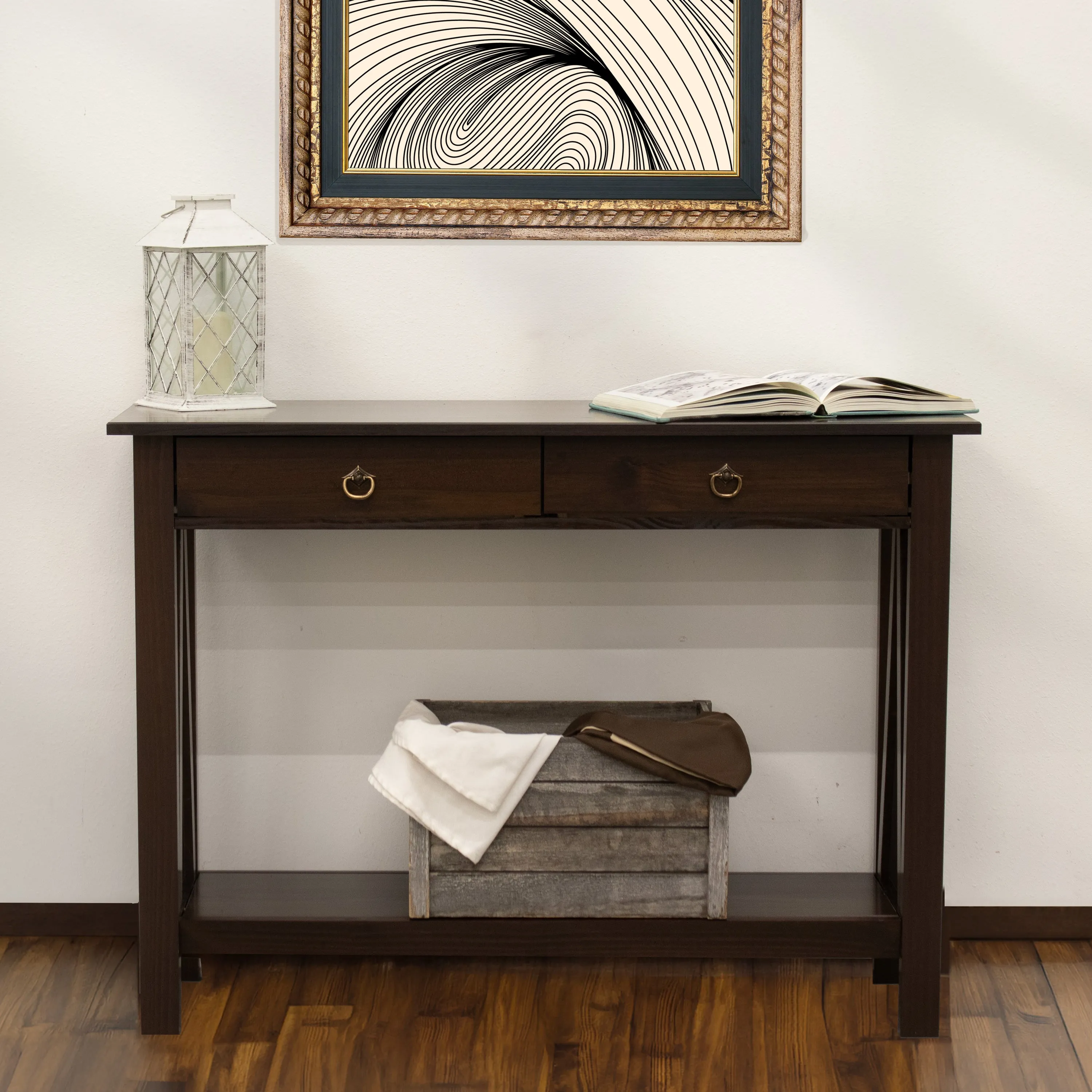 Sunnydaze Pine Wood Console Table with Drawers and Shelf - Dark Brown