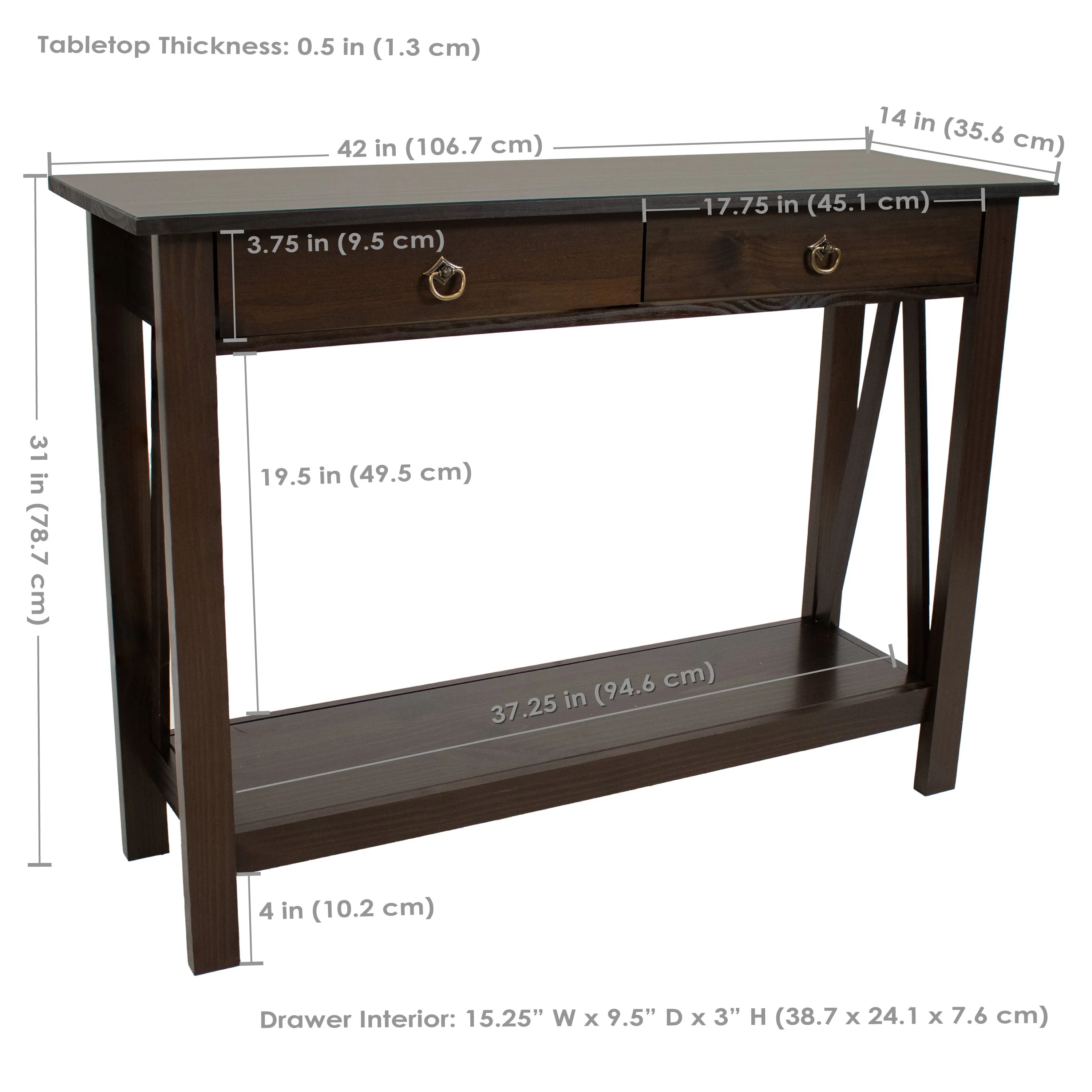 Sunnydaze Pine Wood Console Table with Drawers and Shelf - Dark Brown