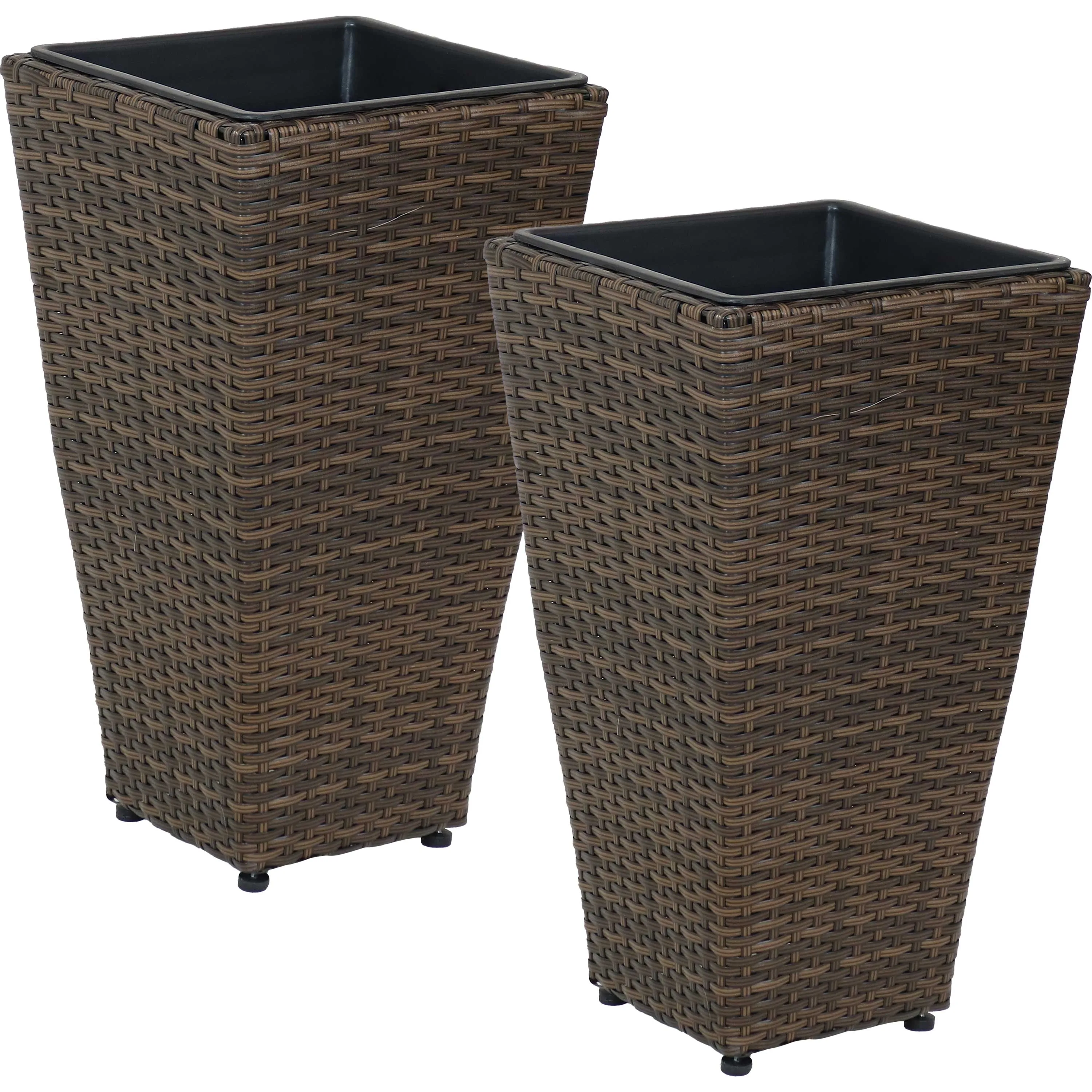 Sunnydaze Polyrattan Tall Square Planter - Brown - Set of 2