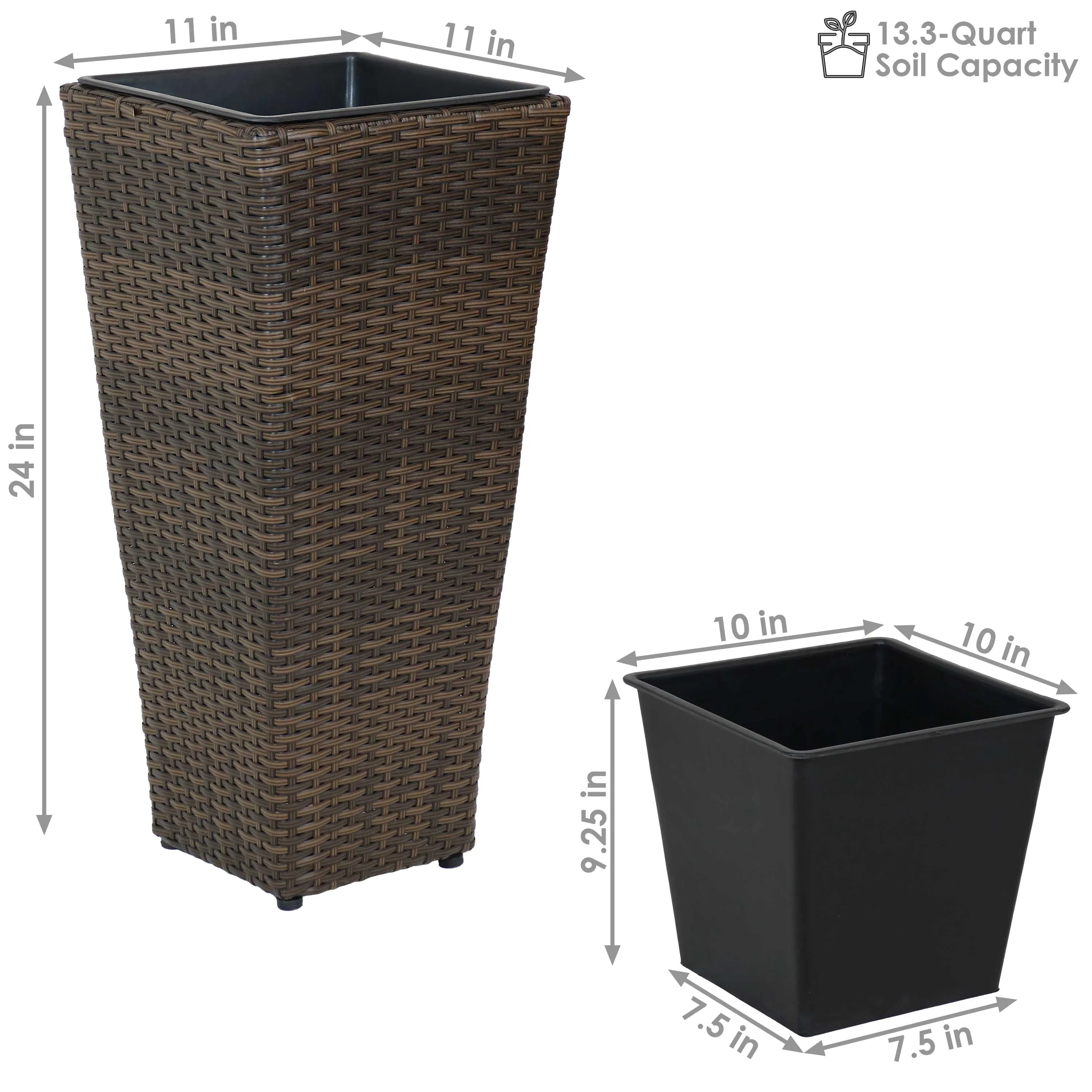 Sunnydaze Polyrattan Tall Square Planter - Brown - Set of 2