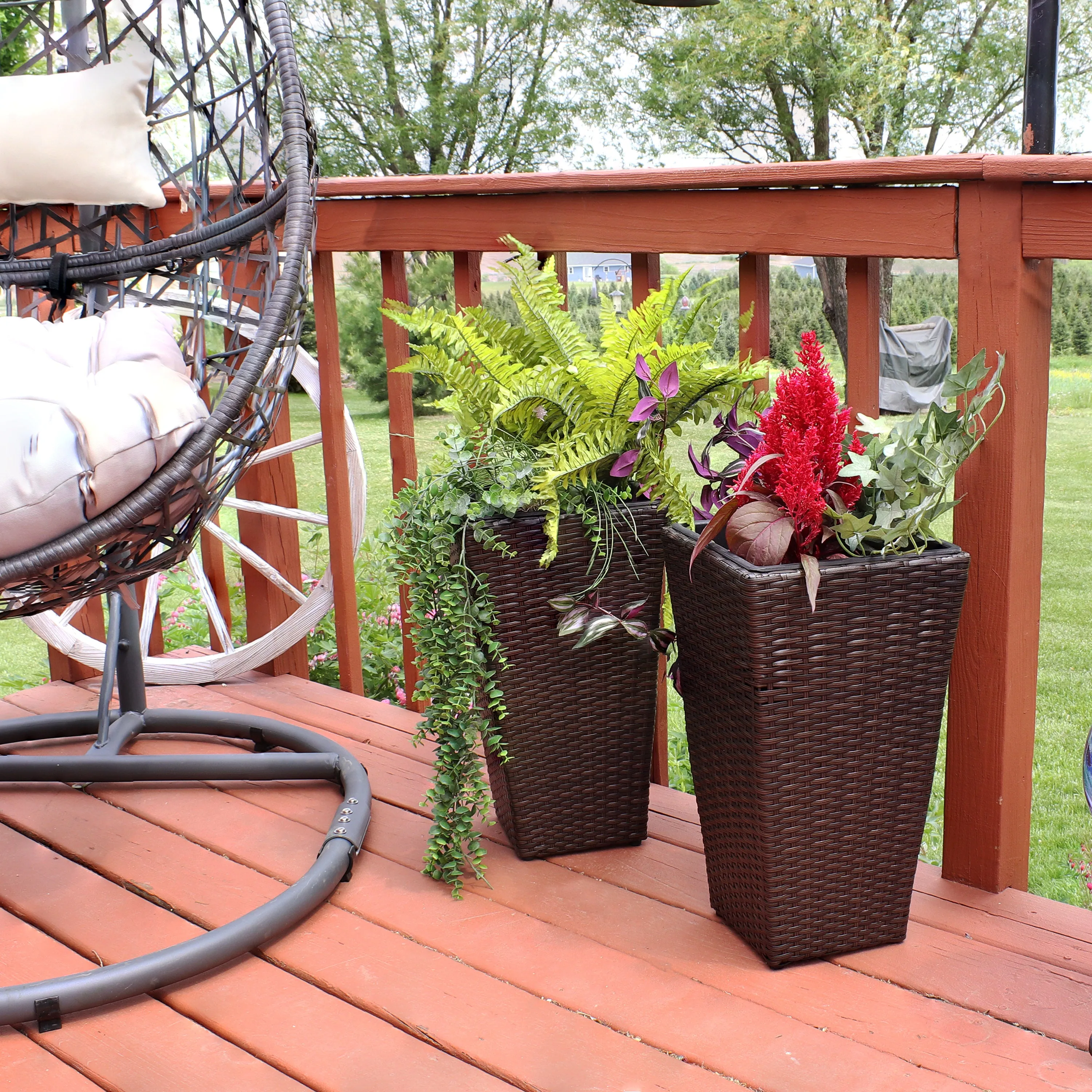 Sunnydaze Polyrattan Tall Square Planter - Brown - Set of 2