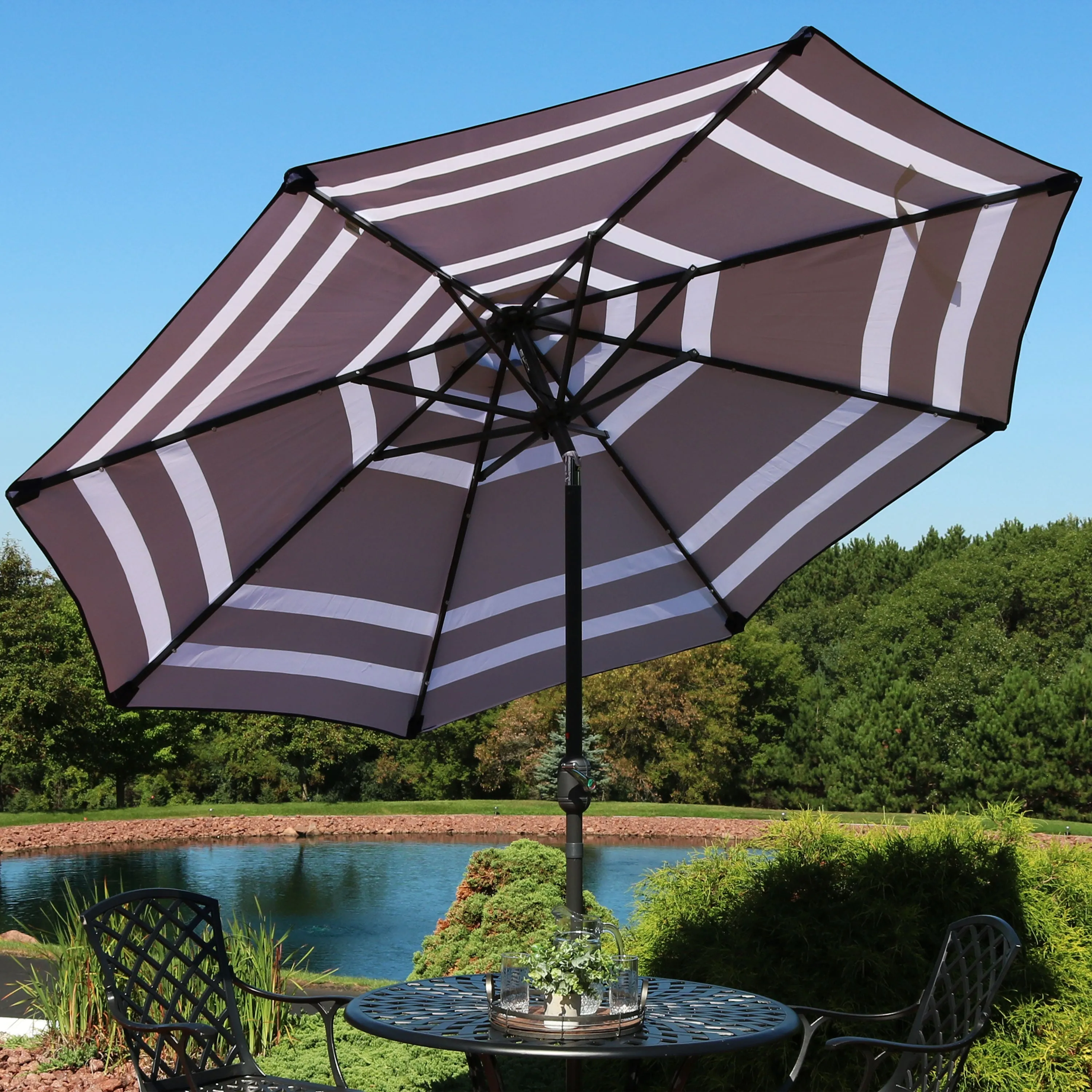 Sunnydaze Solar LED Lighted 9' Aluminum Umbrella with Tilt & Crank