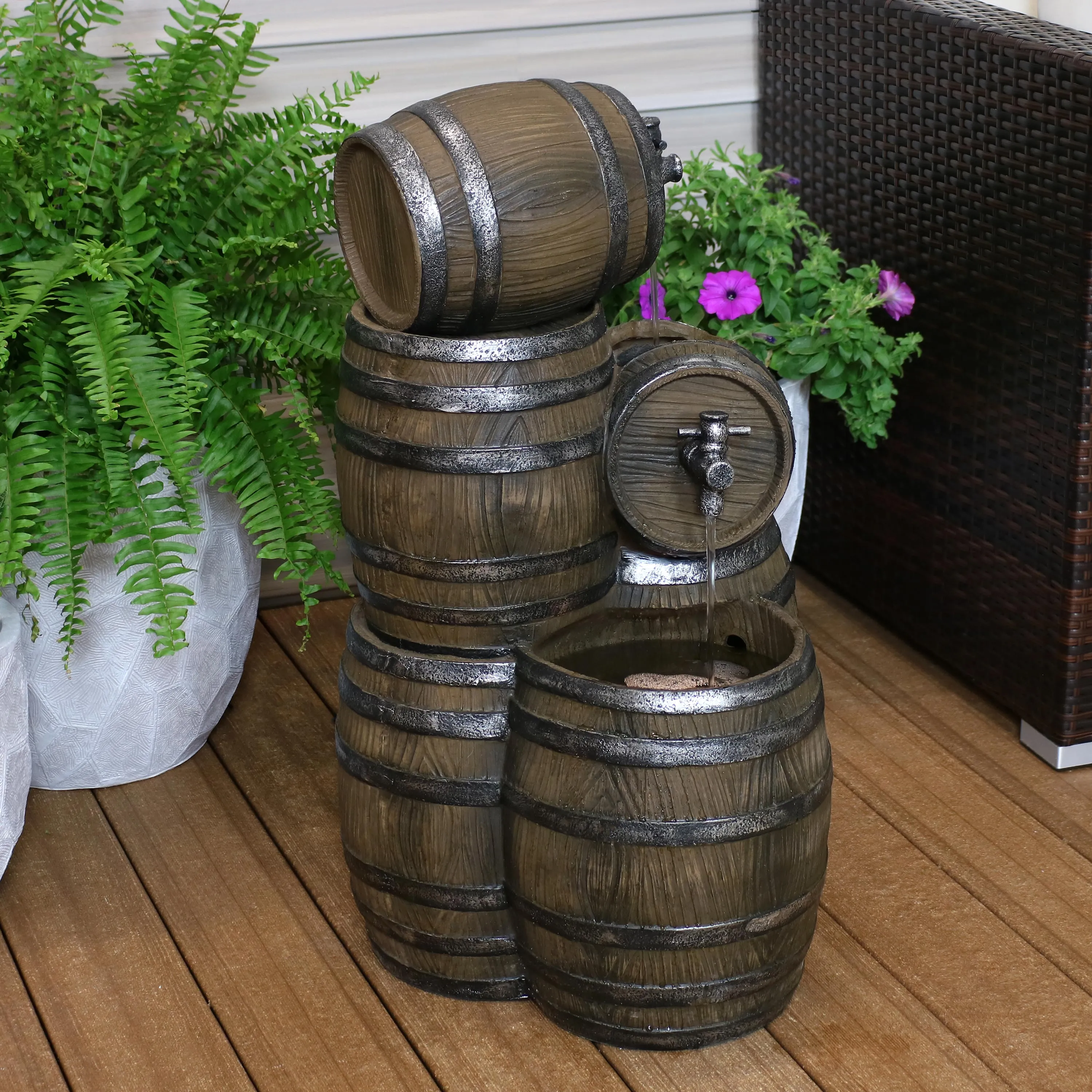 Sunnydaze Stacked Rustic Whiskey Barrel Outdoor Fountain with Lights - 29"