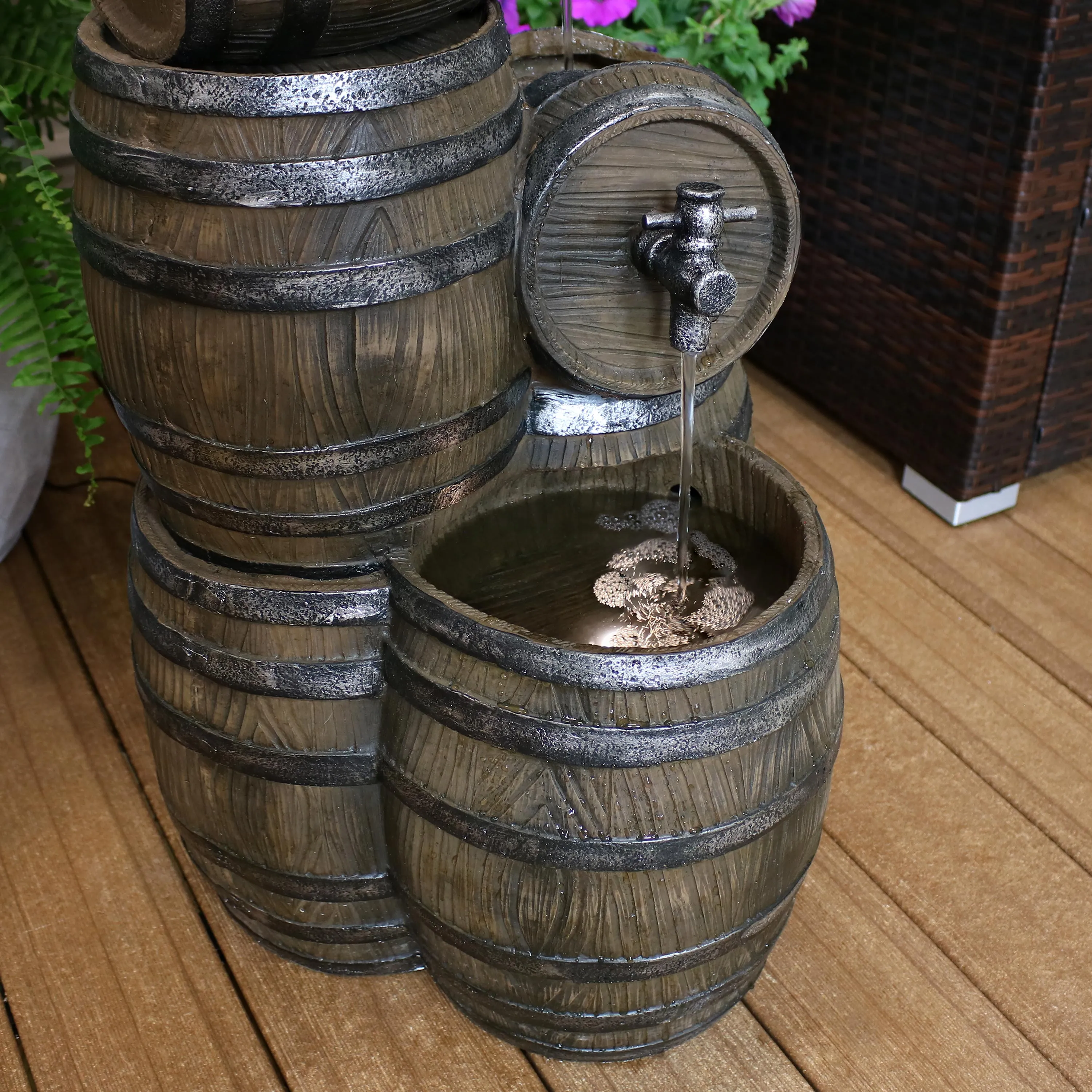 Sunnydaze Stacked Rustic Whiskey Barrel Outdoor Fountain with Lights - 29"