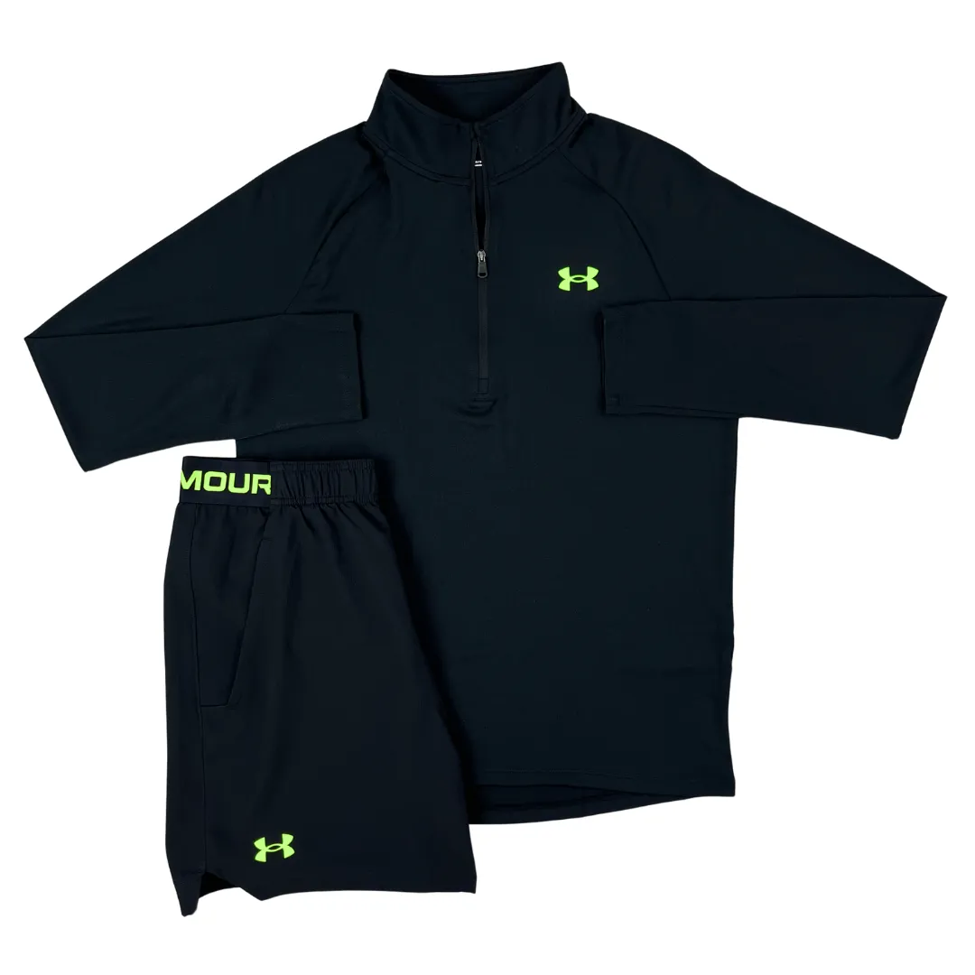 Under Armour Half Zip / Woven Shorts Set - Black / Neon