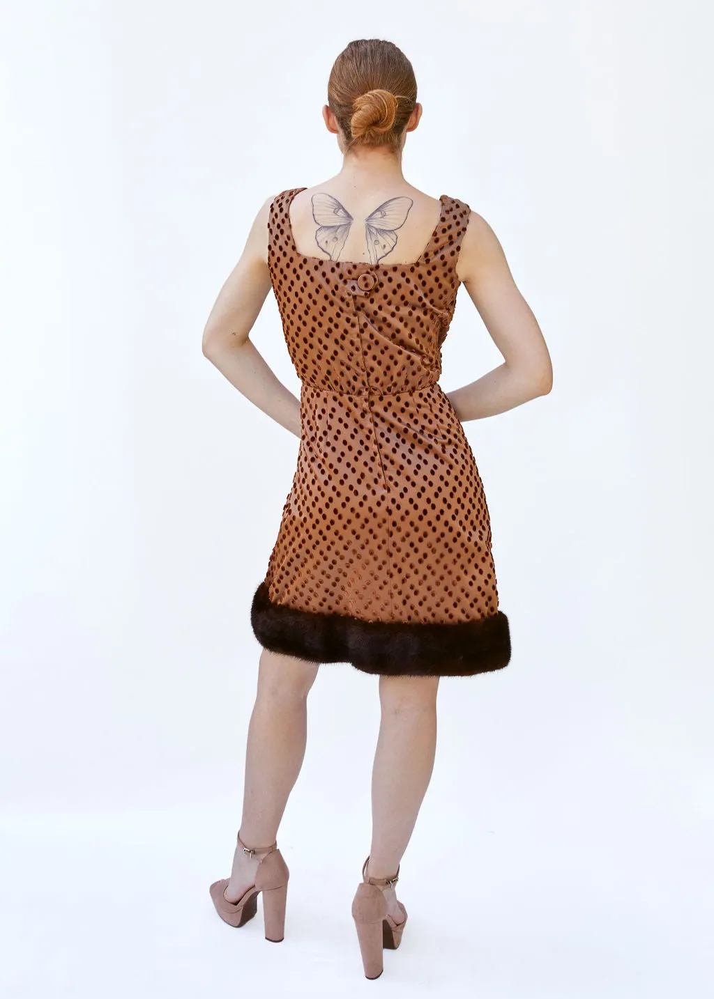 Vintage Brown Polka Dot 1960's Mink Dress & Cape set